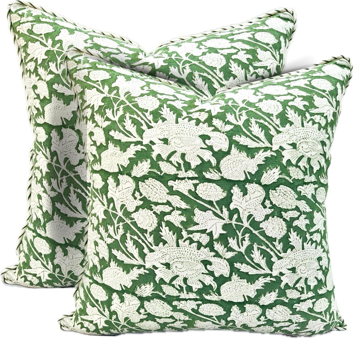 ATOSII Block Print Throw Pillow Covers, 20 X 20 - Set of 2, Decorative Couch Pillows for Living Room Bed Sofa, 100% Cotton Canvas Pillow Case for Home Decor & Outdoors, Preppy Throws - Meraki Green