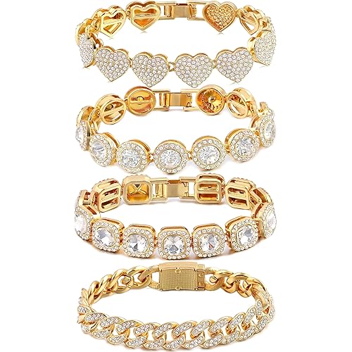 shopbyskyler 4PCS Gold Bracelets for Women Silver Clustered Tennis Bracelet for Women Heart Round Diamond Cuban Bracelet Layered Link Bracelet Set Fashion Jewelry for Women Set