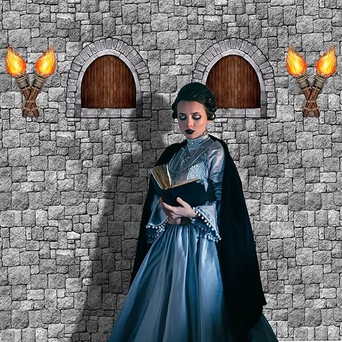 Miniatura 6 de Zonon Juego de 11 piezas de decoración medieval para ventana, antorcha de plástico, mantel de ladrillo con temática de caballero, decoraciones de