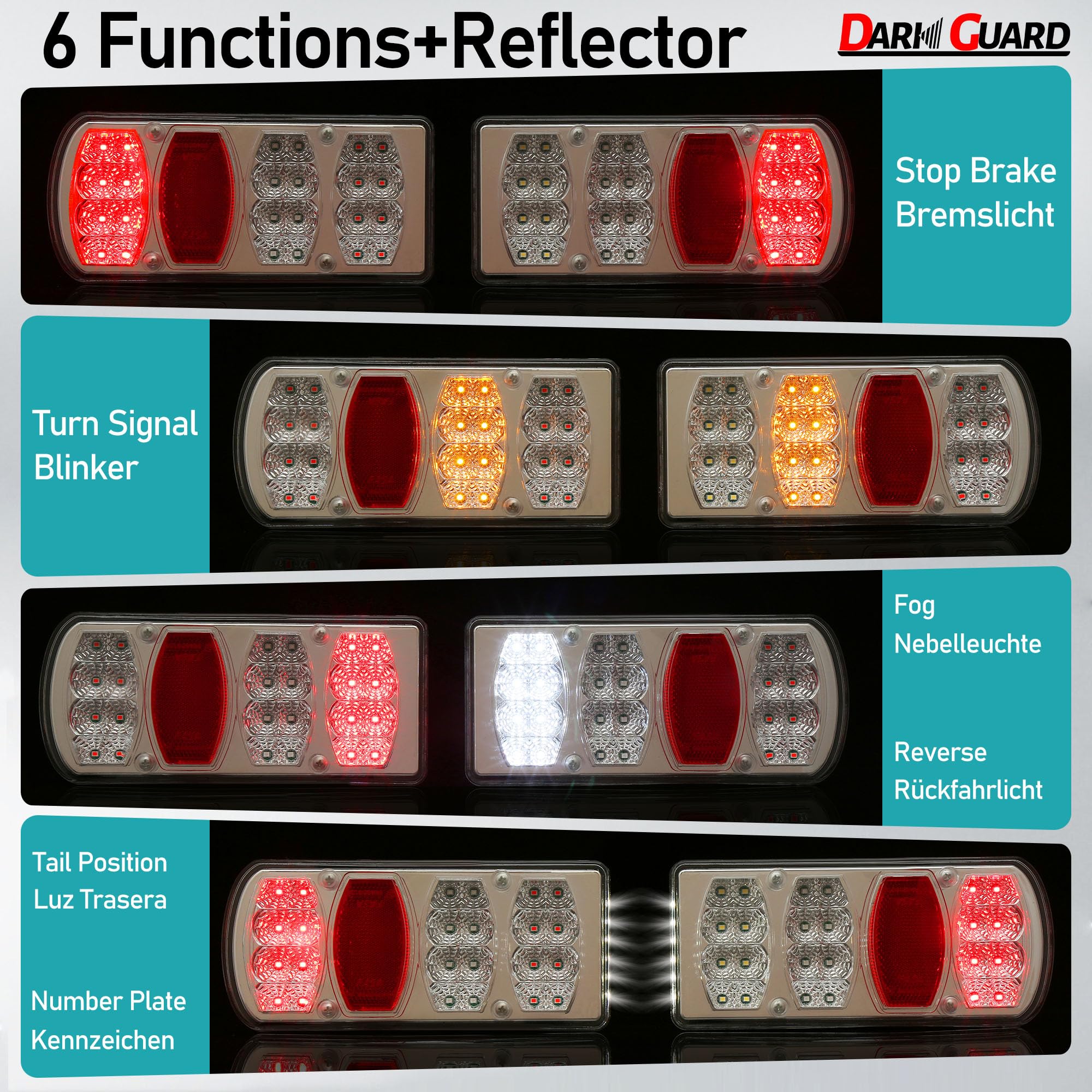 Feux Arriere de Remorque Led 12V 24V 7Functions Kit Éclairage Remorque 13 Broches IP65 Étanche Approuvé E57 avec Connecteur Baïonnette 5P 5.5M Précablé & 25cm Extra pour Caravane Camion