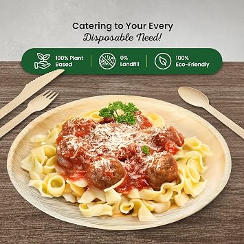 Eco Leaf 100pcs Disposable Palm Leaf Plates and Wooden Cutlery Set – 25 Large Round Plates, 25 Forks, 25 Knives, 25 Spoons – Eco-Friendly, Biodegradable, Perfect for Parties, Events, and Catering