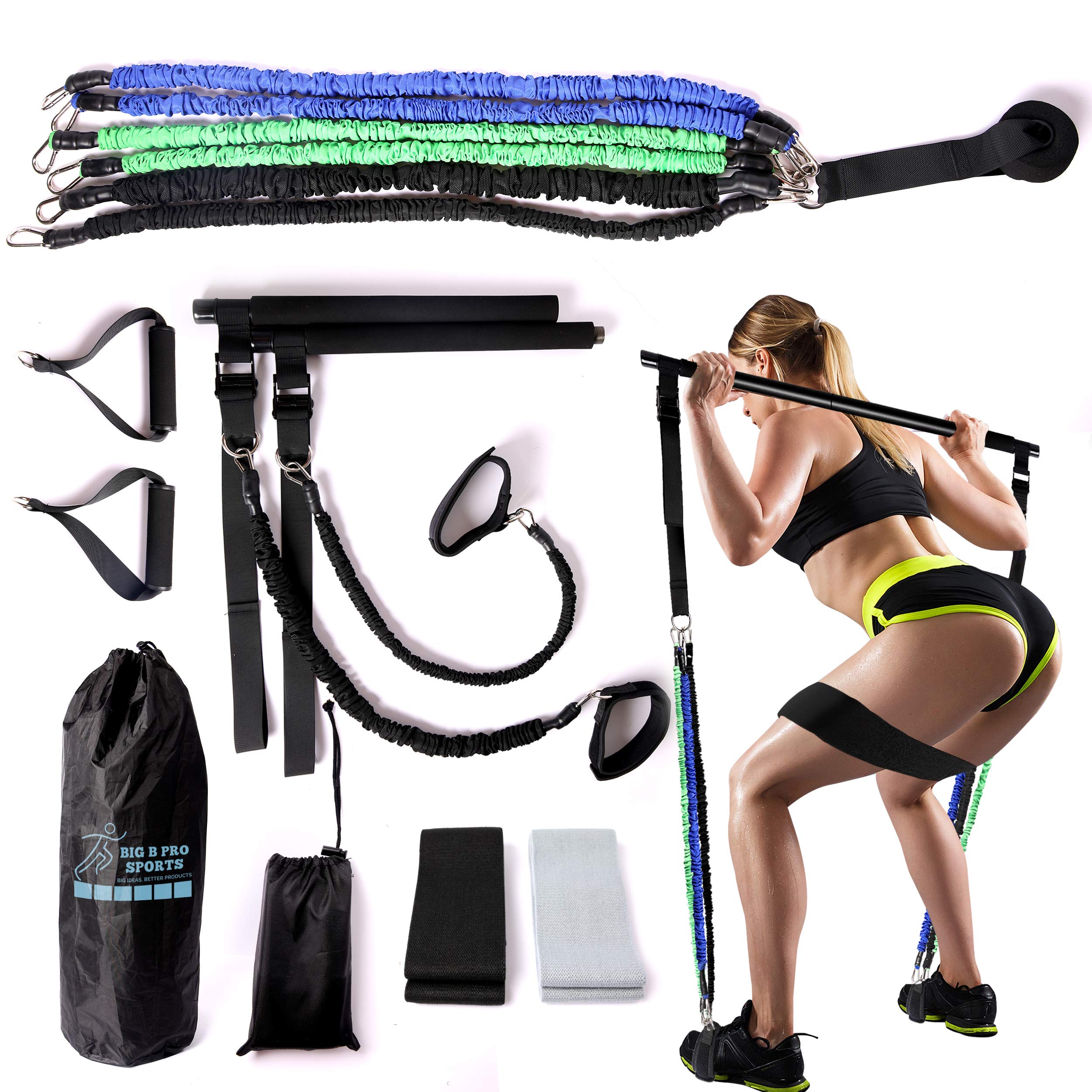 Pilates Bar Home Gym Equipment Set - For Portable Full Body Strength Workouts - 6 Resistance Bands, 
