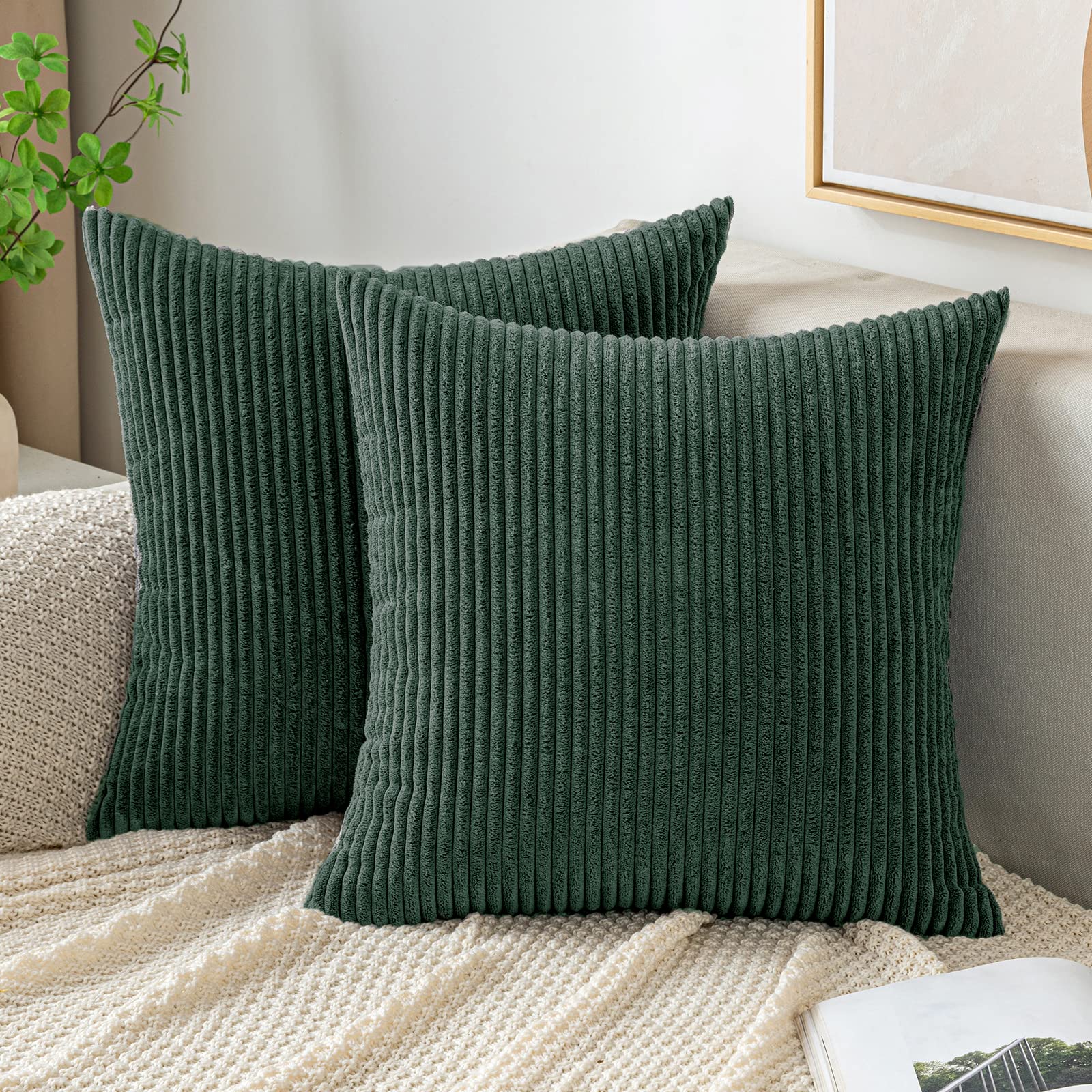 EMEMA Kissenbezug 40x40 cm Weihnachten Kordsamt Kissenbezüge Dekokissen Sofakissen Cord Kissenhülle Zierkissenbezug Kord Dekorative Weiche für Sofa Wohnzimmer Schlafzimmer 2er Set Dunkelgrün