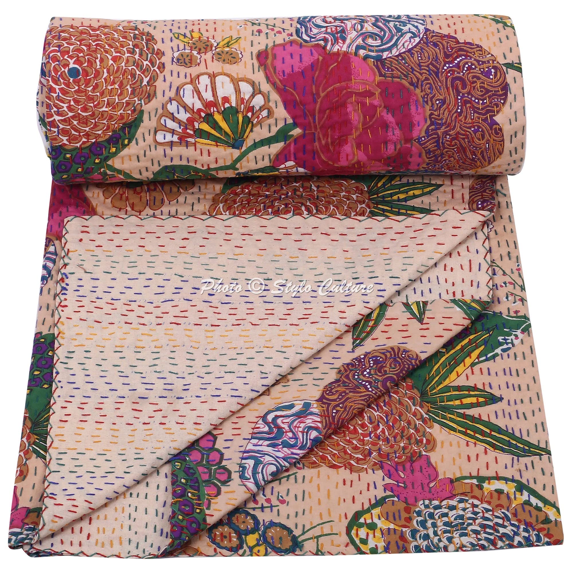 Indian Kantha Bedspread Single Size Girls Beige Cotton Tropical Fruit Hand Stitched Blanket Bedding Bed Cover by Stylo Culture-picture-11