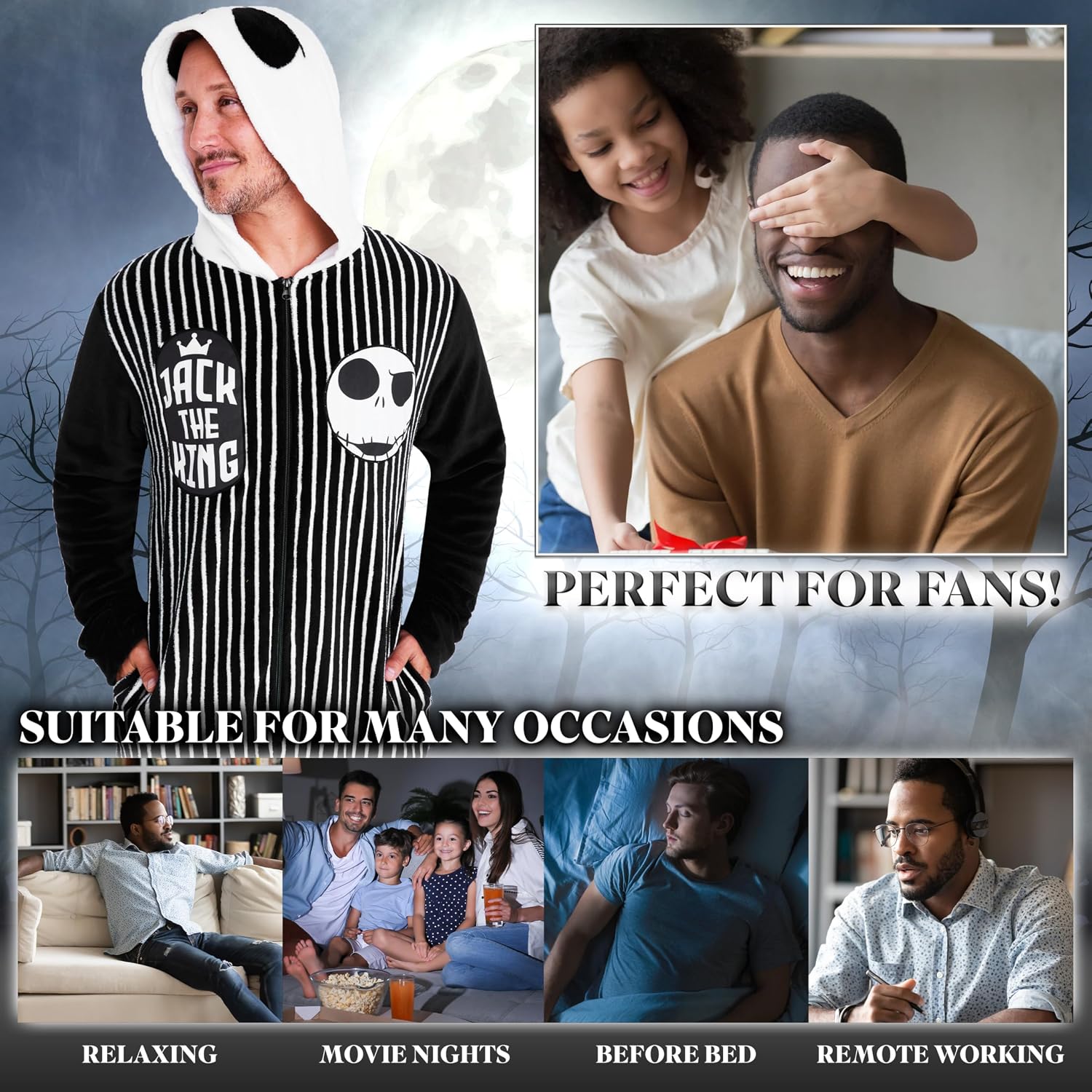 Disney The Nightmare Before Christmas One-Piece Pajamas for Men, Teens, Fleece Jumpsuit With Hood, Halloween, Gifts for Men