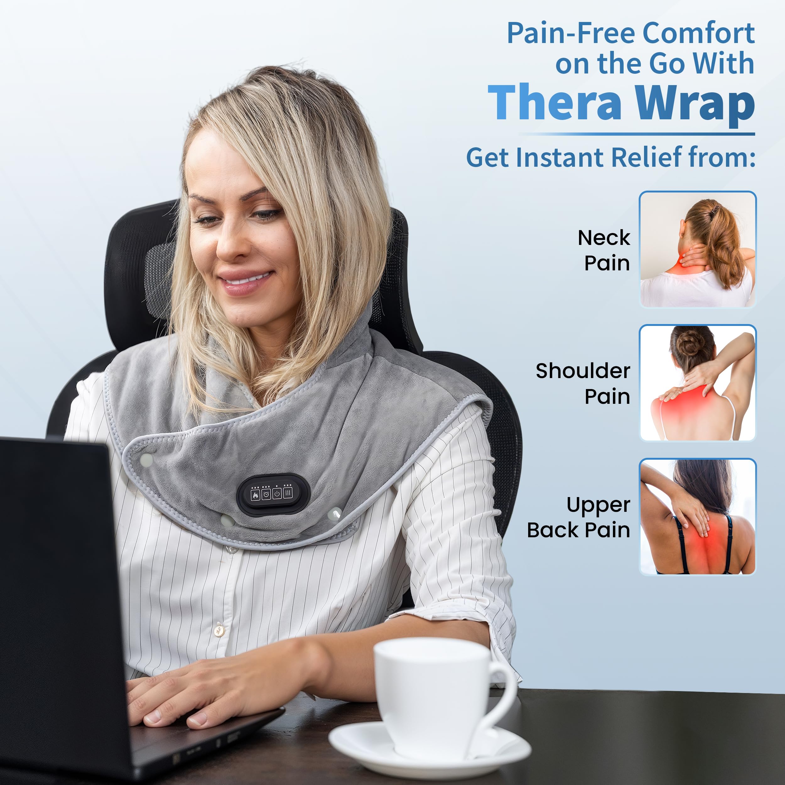CALLIXE Thera Wrap - Almohadilla térmica inalámbrica para cuello, hombros y espalda superior | Masajeador eléctrico cervical con calor instantáneo y vibración para aliviar el dolor y relajación