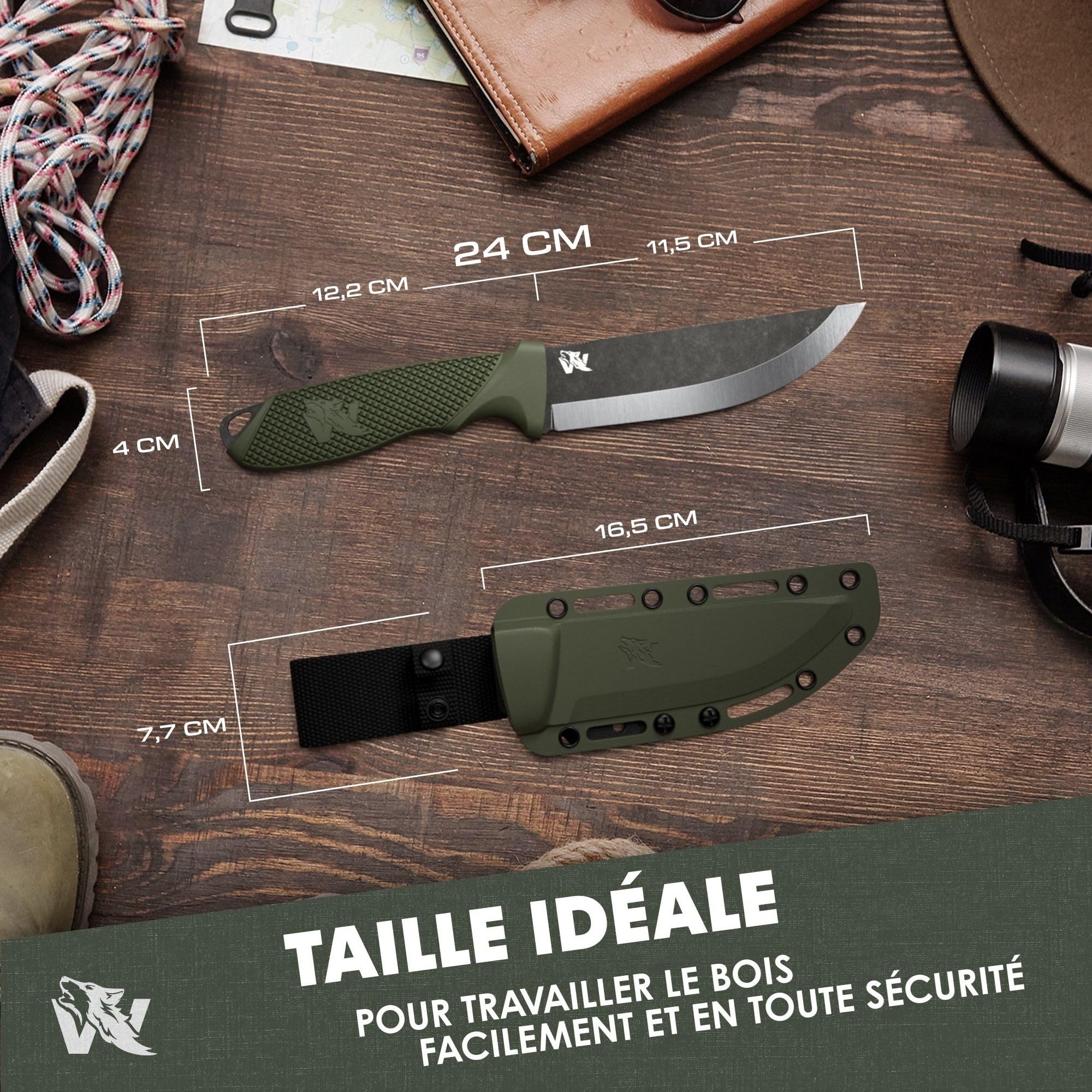 Wolfgangs W-SCANDI Couteau de pêche à lame fixe – Couteau bushcraft D2 en acier monobloc – Couteau de survie outdoor avec étui – Idéal nature, bivouac, forêt
