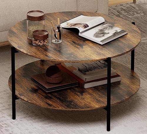 Round Coffee Table, 2-Tier 32.9" Circle Coffee Tables with Storage