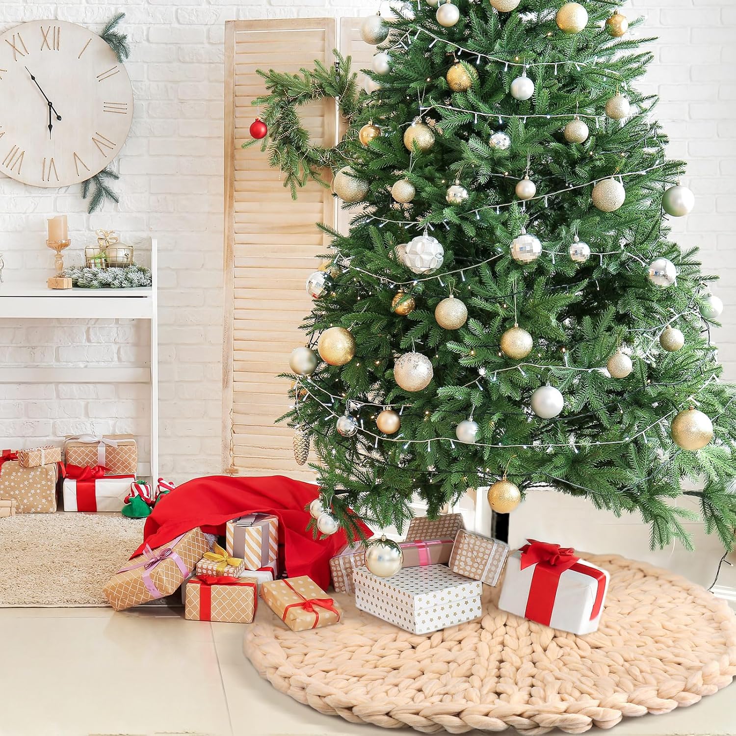 Zomiboo Chunky Knitted Christmas Tree Skirt, 36 Inch Beige Crochet Tree Skirt, Chunky Knit Thick Rustic Christmas Trees Decorations, Farmhouse Xmas Holiday Party Decor