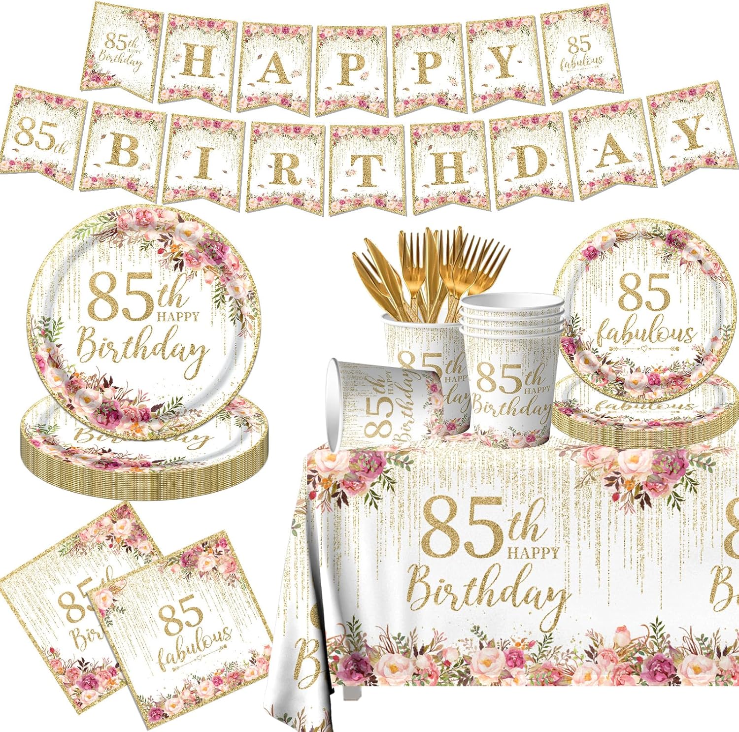 85th Birthday Party Tableware, 142Pcs Rose Gold 85th