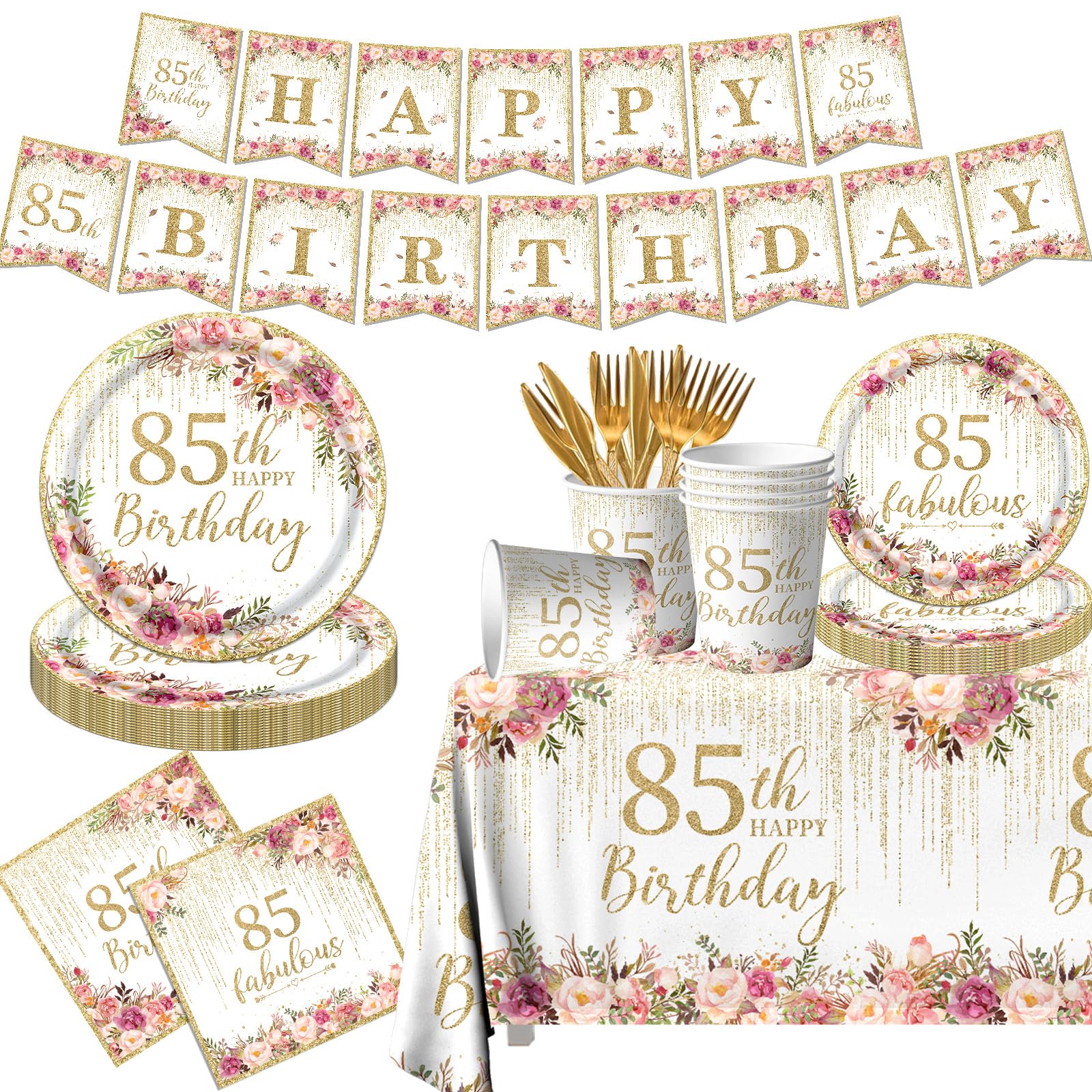 85th Birthday Party Tableware, 142Pcs Rose Gold 85th Birthday Decorations Includes 85th Birthday Plates and Napkins,Tablecloth,Cup,85 and Fabulous Banner,85th Birthday Decorations for Women