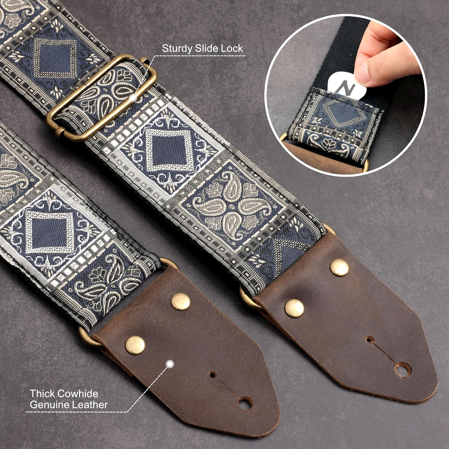 Nefelibata Guitar Strap,Crazy Horse Leather Jacquard Embroidery Cotton Guitar Straps for Bass, Electric & Acoustic, Best Gifts for Guitarists(Bohemian Dark Blue Chequered)