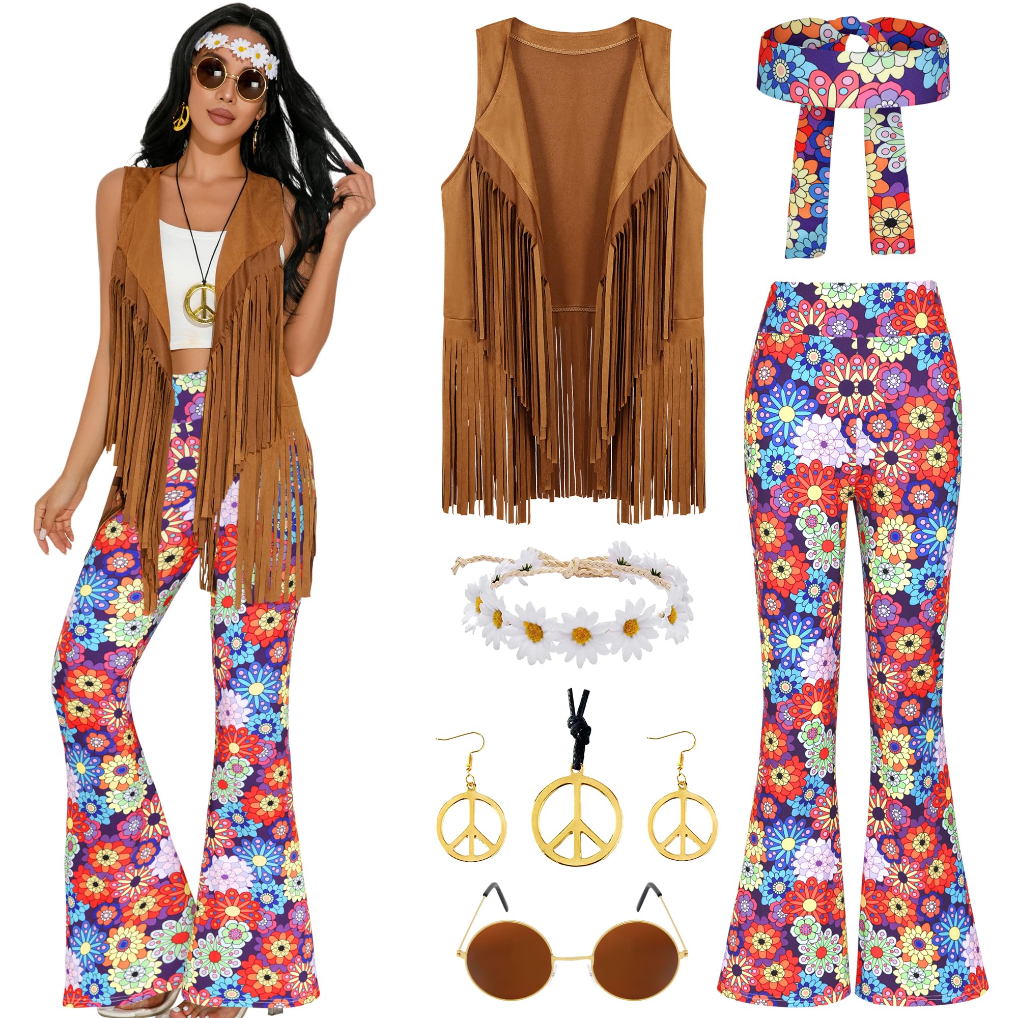 GERVAISE Womens 60s 70s Outfit Disco Hippie Costume Fringe Vest Boho Pants Accessories Set (Blue, Large)