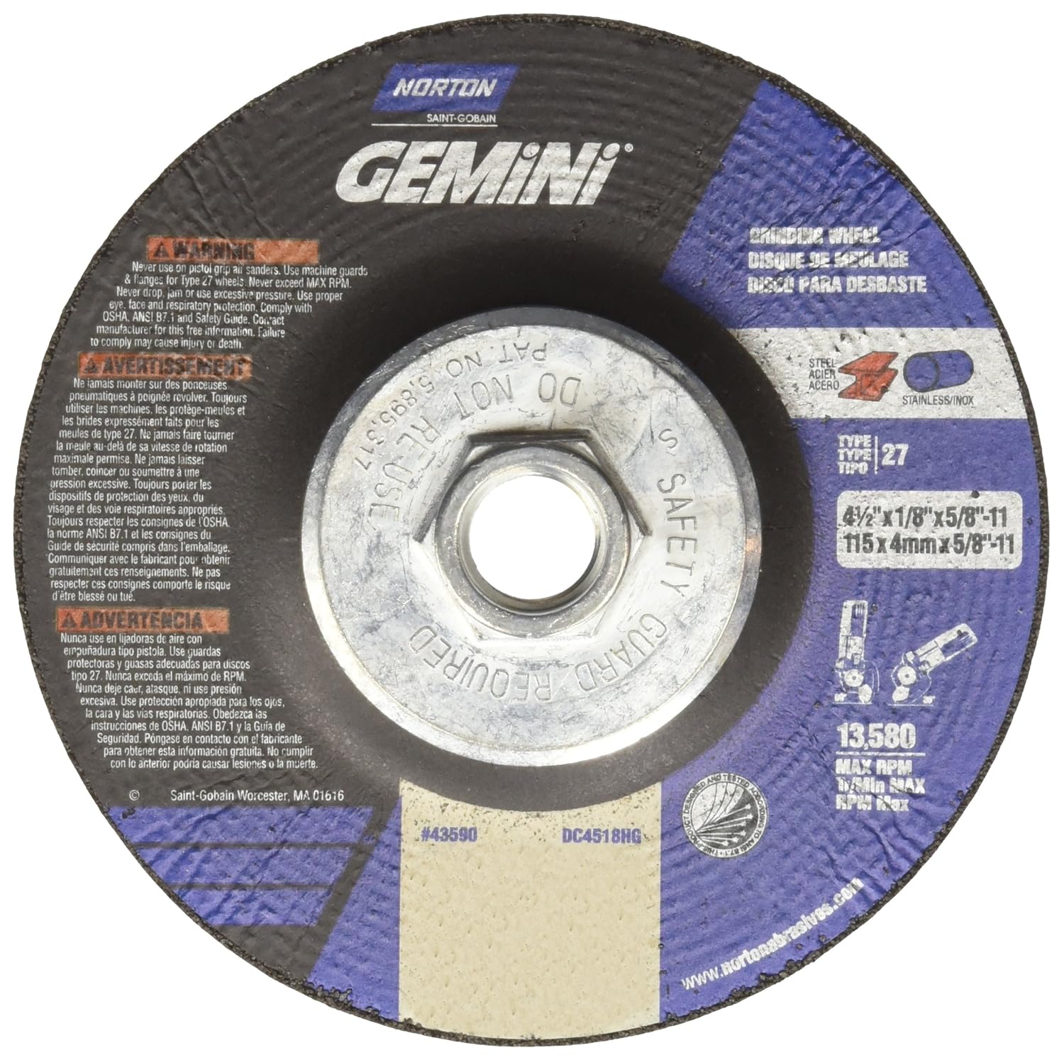 Norton Gemini Depressed Center Abrasive Wheel, Type 27