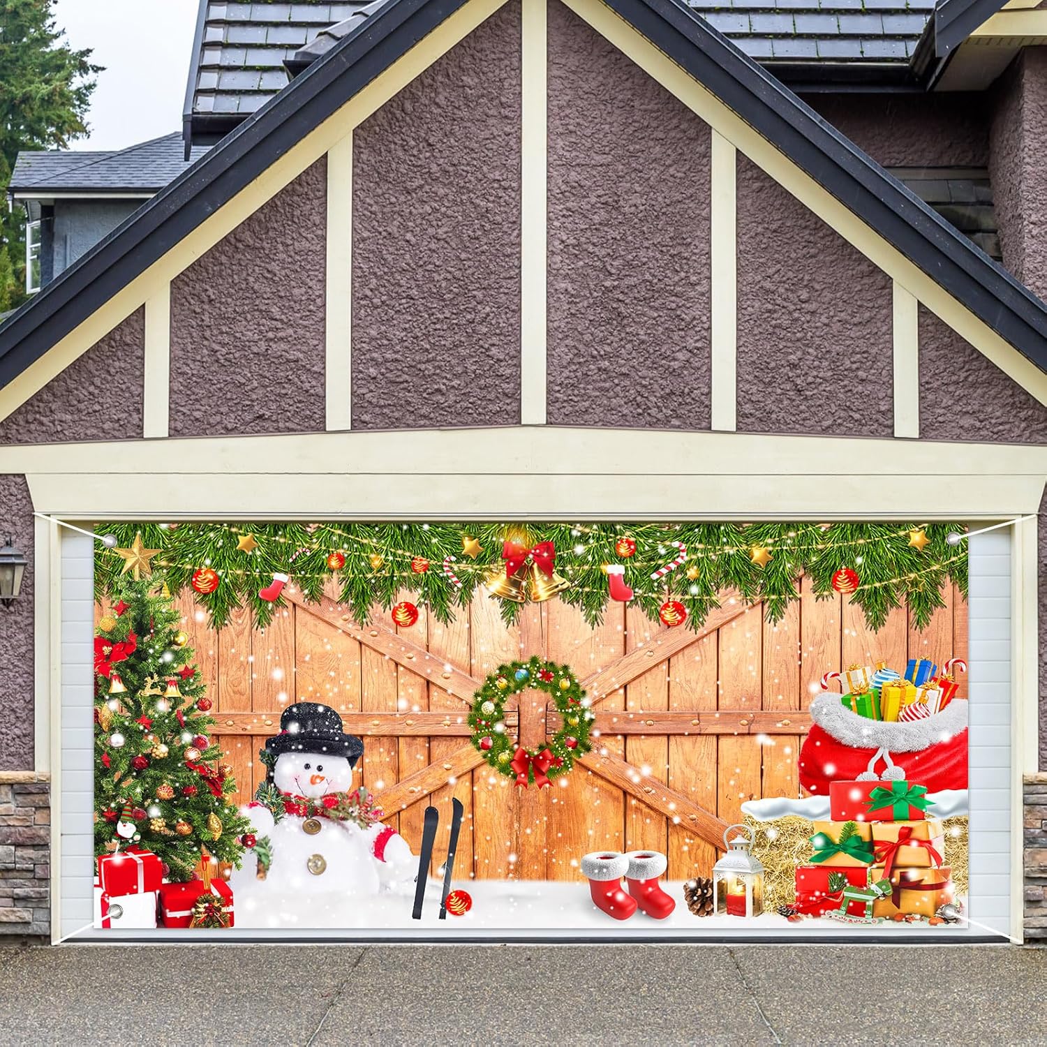 JarThenaAMCS Christmas Garage Door Banner Cover 7 x 16 Ft Xmas Tree Snowman Wood Texture Board Yard Sign Large Backdrop Photo Prop for Winter Indoor Outdoor Home Party Decor