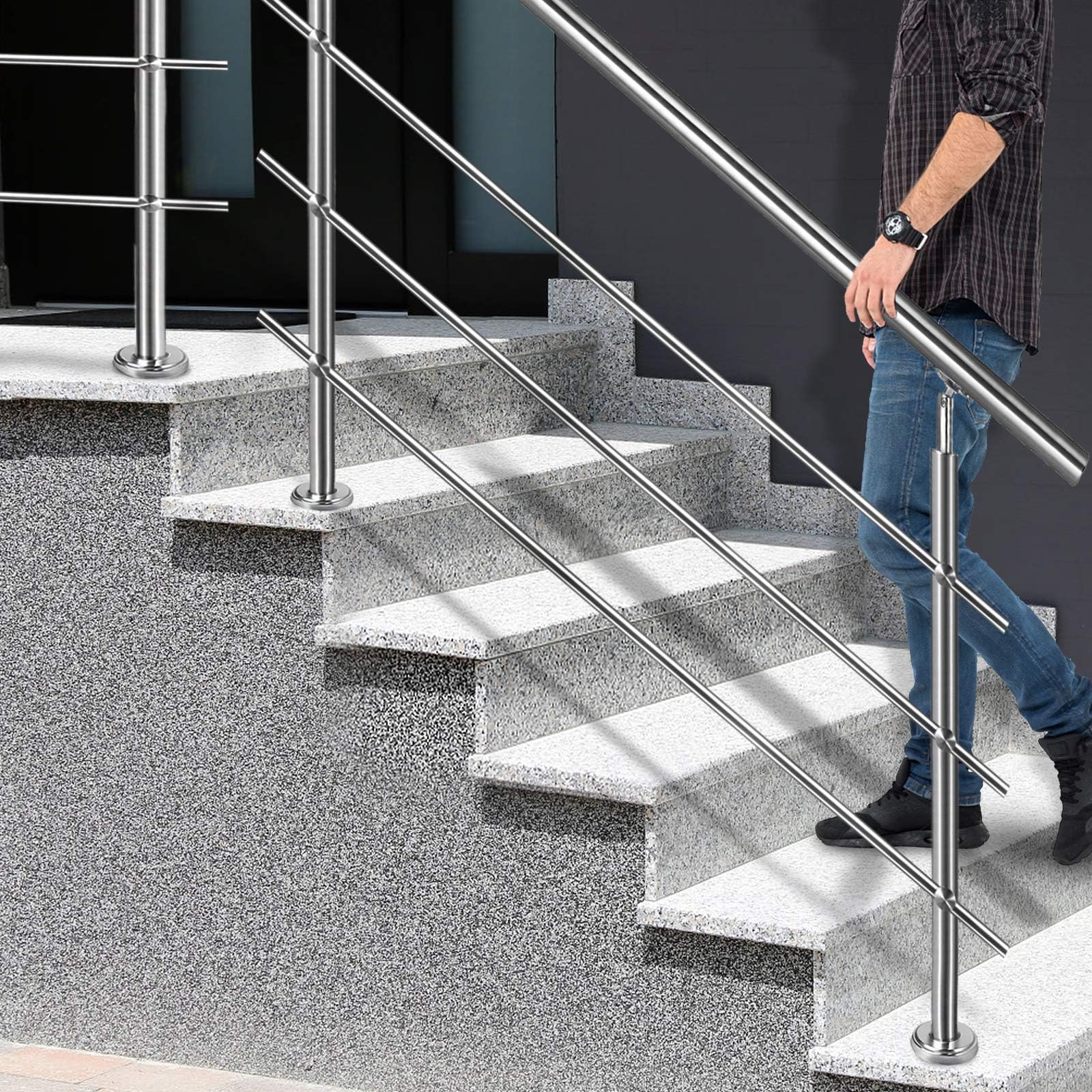 Froadp 100cm Treppengeländer Edelstahl Winkelverstellbar Handläufe mit Kugelring und 2 Pfosten Innen Stange Geländer-Set für Treppen Terrassen Brüstung (3 Querstäbe)