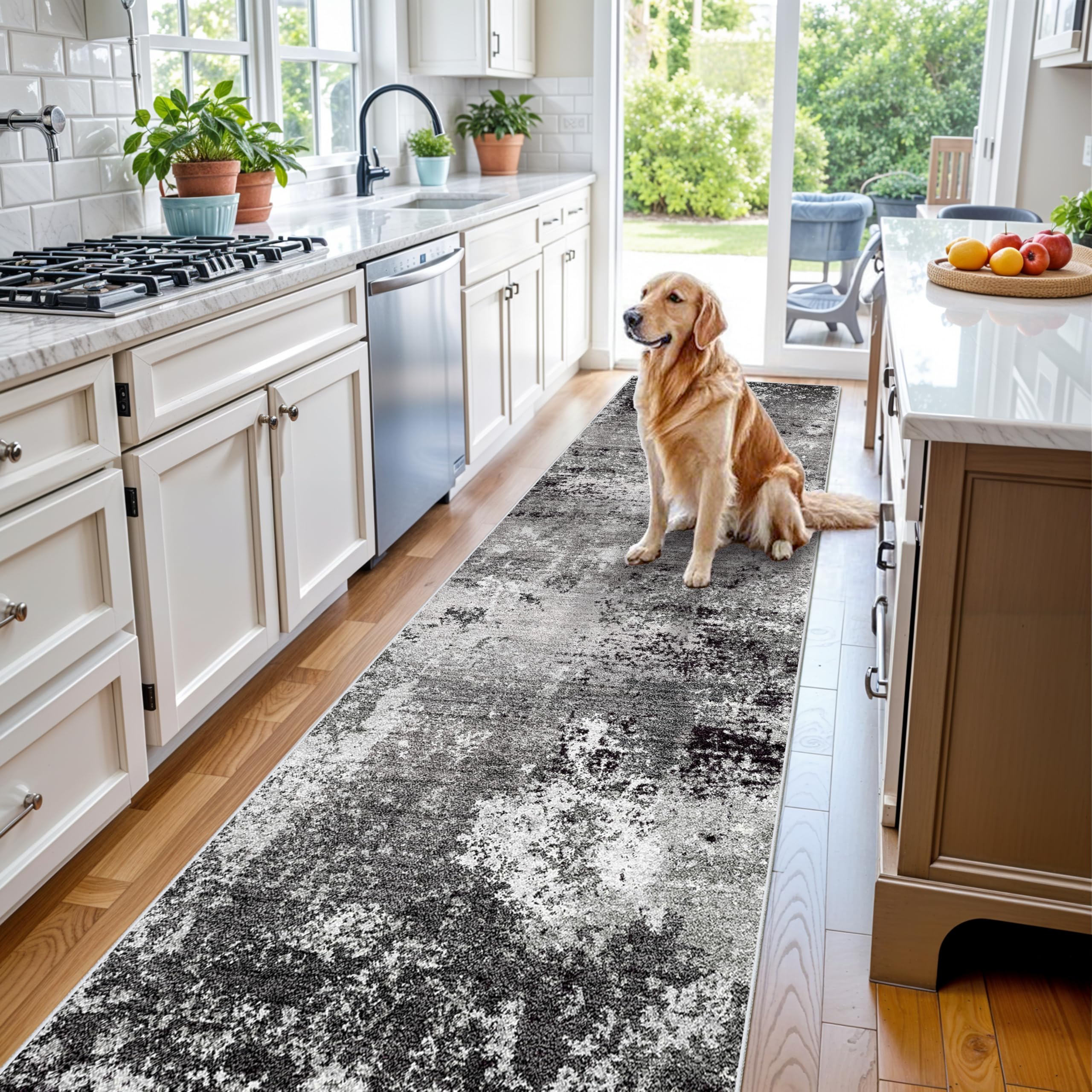 Photo 1 of [CLERK NOTES] 3x12 ft Long Hallway Runner Rug Non-Slip Washable Carpet Runner for Kitchen Entryway Bathroom Modern Abstract Neutral Low-Pile Thin Stain-Resistant Black Grey