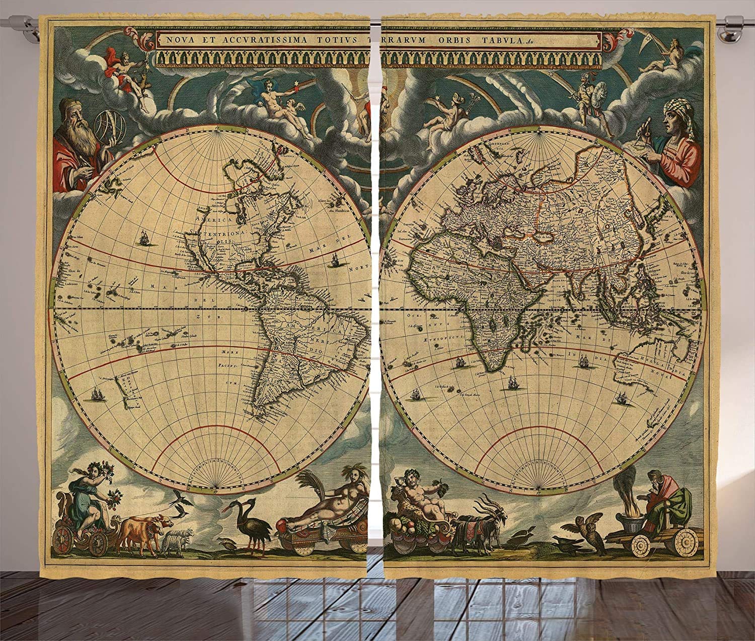 Wanderlust Curtains Map of World Continents Antiquity Stained Vintage History Living Room Bedroom Window Drapes Brown Green