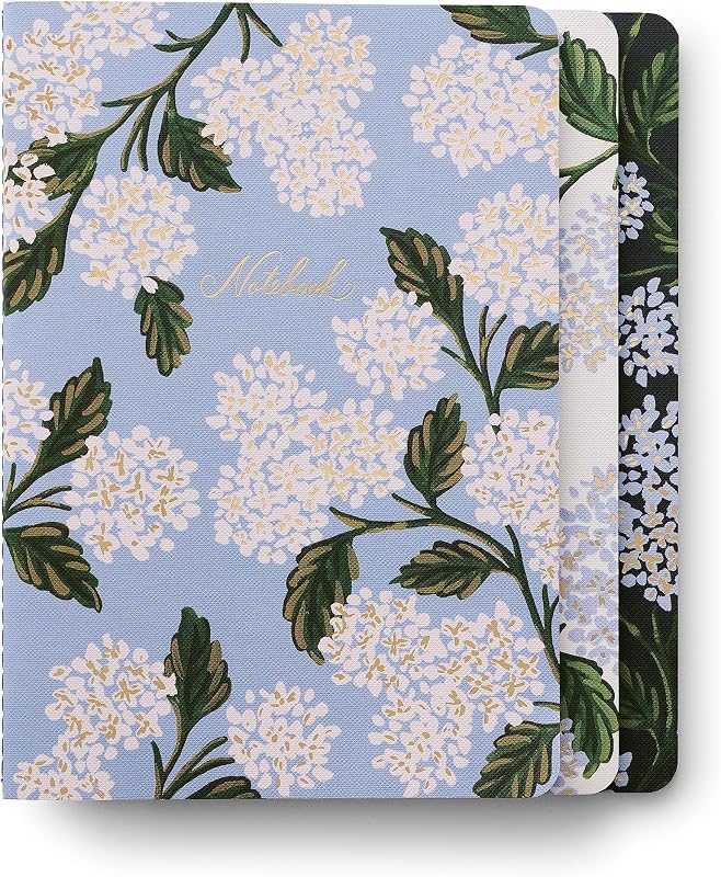 RIFLE PAPER CO. Hydrangea Stitched Notebook Set, 3 Full-Color Notebooks | 8.5" L x 6" W, 64 Lined Pages per Notebook, Metallic Gold Foil Accents, Lay-Flat Sewn Binding, Acid-Free Paper