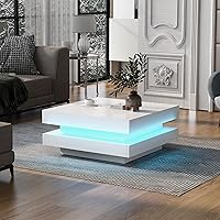 Vista 1 de Mesa de centro LED blanca moderna para sala de estar, mesa de té minimalista de alto brillo con luces LED de 16 colores enchufables, color blanco