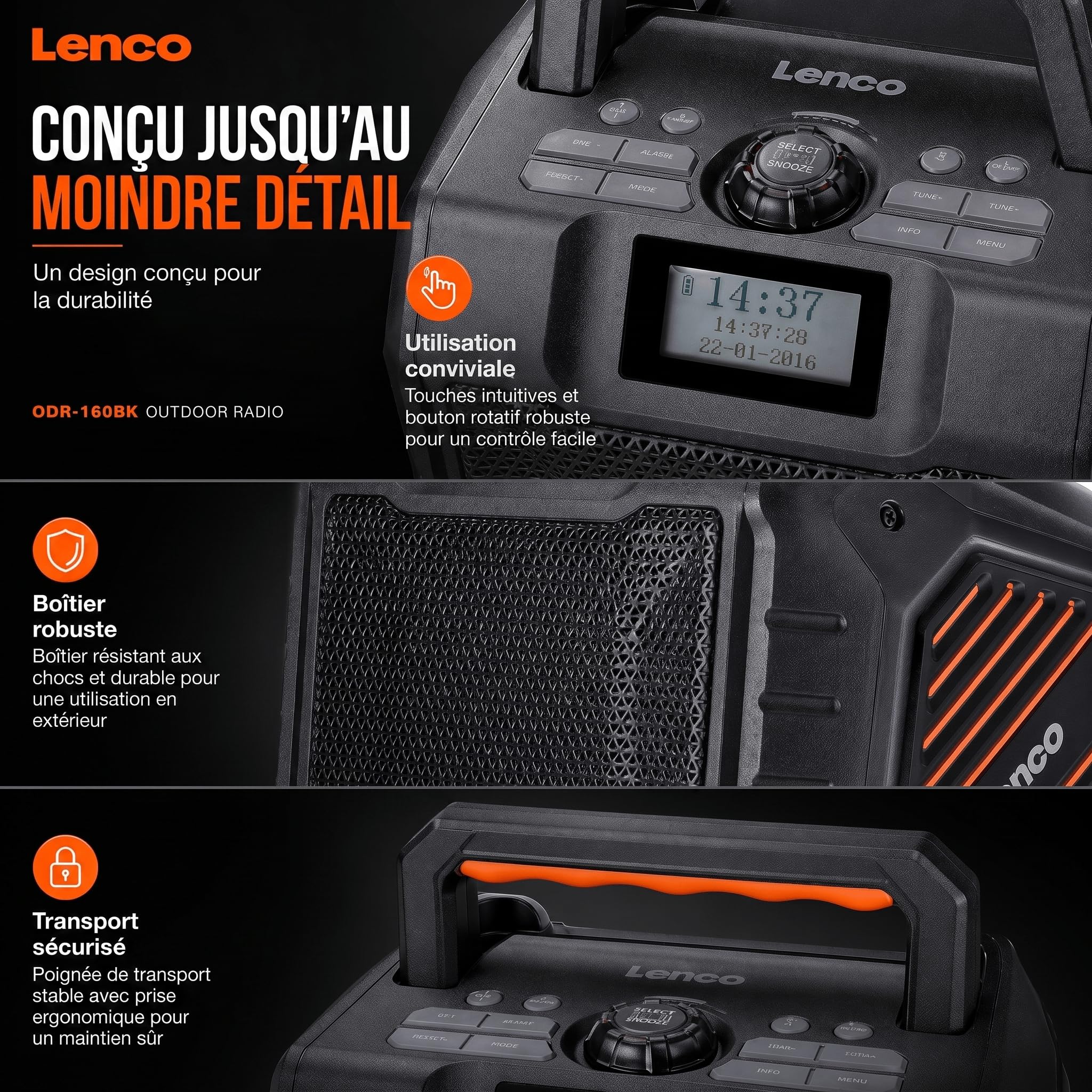 Lenco ODR-160BK Radio Dab+/FM, Haut-Parleur Bluetooth, Antichoc et étanche, Lecteur de Carte SD, AUX-in, 35 W RMS, autonomie de la Batterie 20 Heures, Fonction de Charge USB