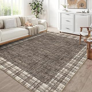 GarveeHome 9x12 Washable Area Rugs for Living Room Bedroom Christmas Decorative Modern Plaid Rug Low Pile Non-Slip Floor Carpets Indoor Stain-Resistant Area Rug for Nursery Room Playroom, Brown
