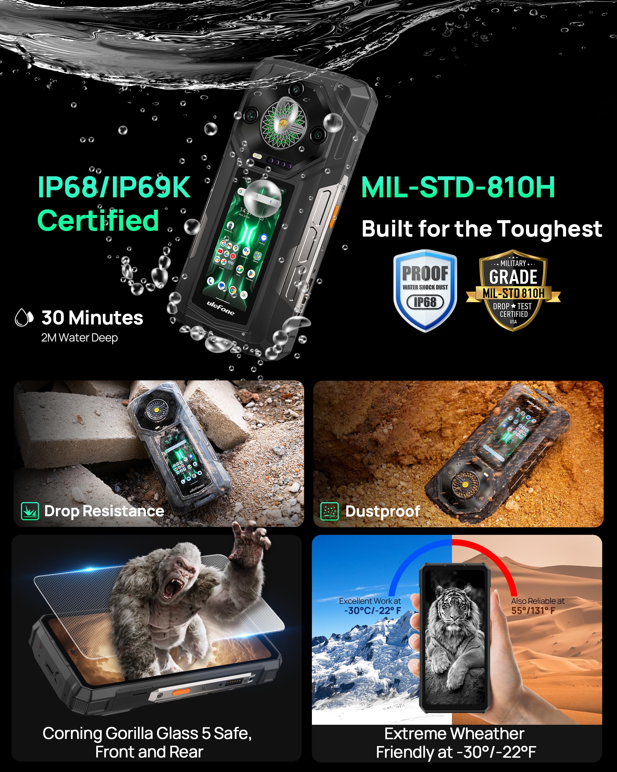 Ulefone 25500mAh Armor 33 Pro Rugged Smartphone 5G, 32GB+512GB/2TB, Dimensity 7300X, 6,95" FHD+ 120Hz+3,4" Schermo Secondario,50MP+64MP+32GB, Android 14 Telefono Indistruttibile, WIFI6E/NFC/GPS