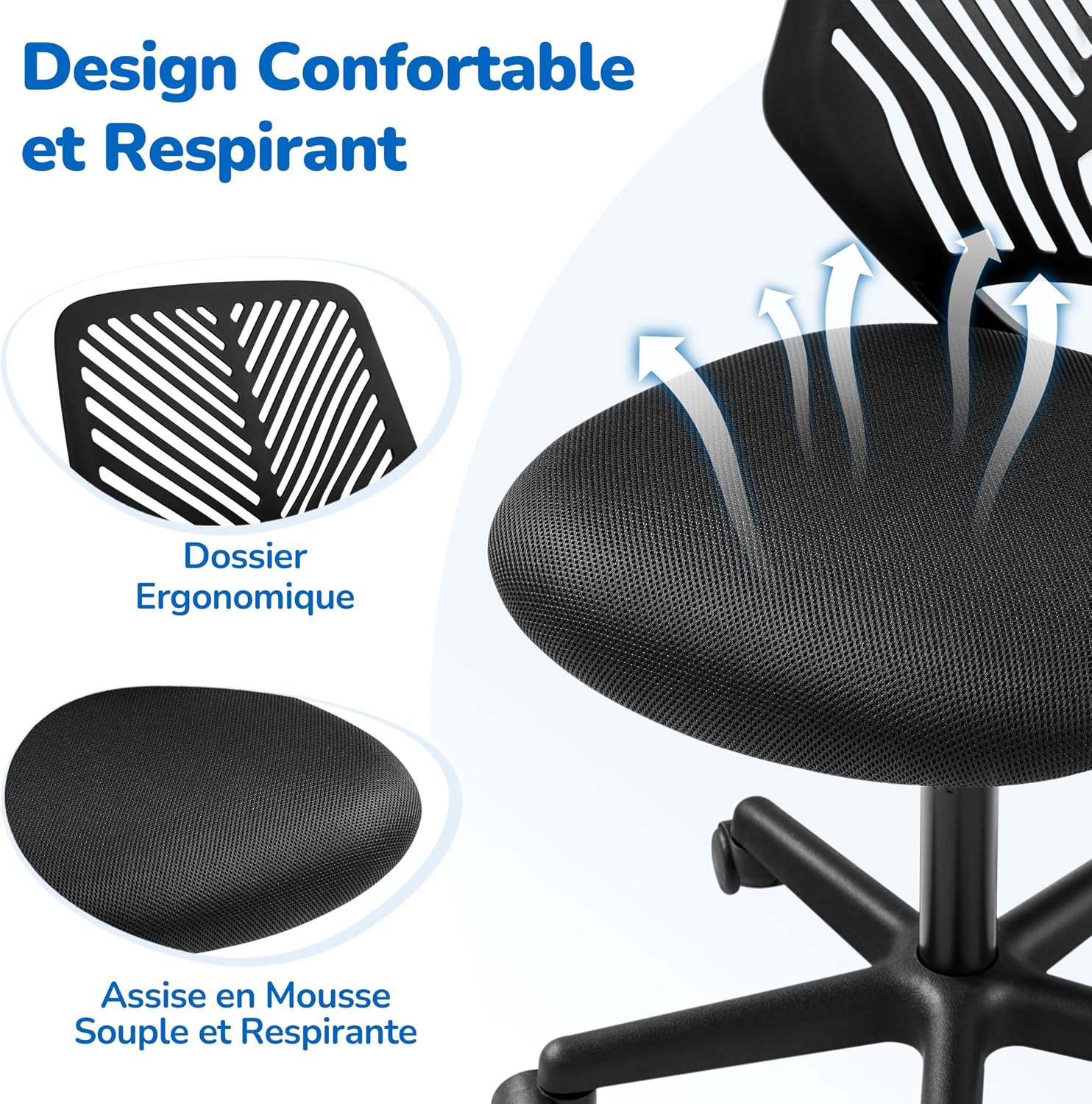 Close-up of the chair's breathable mesh backrest and soft, breathable foam seat.