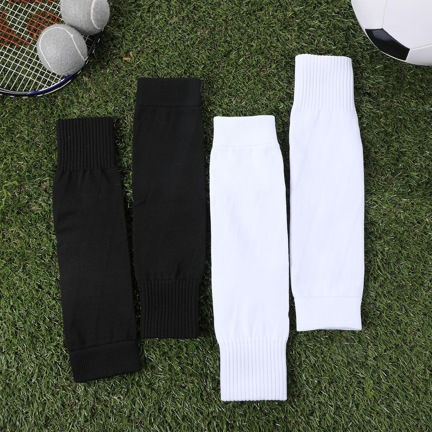 4 Pairs Pre Cut Soccer Socks Wear-Resistant Shin Guard Sleeves Elastic Leg Sleeves for Soccer for Men and Women(White,Black) - Image 7