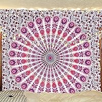 Vista 15 de Bless International - Tapiz de cama para colgar en la pared con mandala de pavo real bohemio y psicodélico (azul dorado, rosa, tamaño Queen