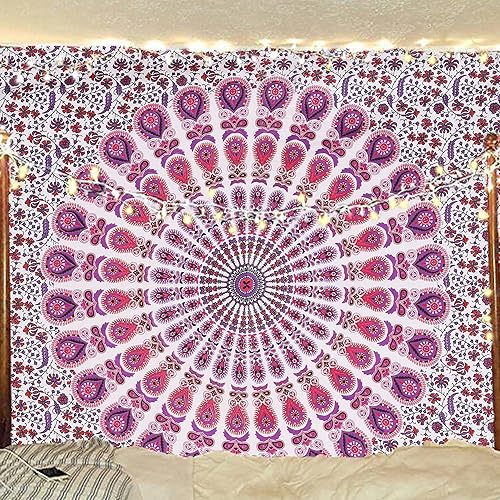 Tapiz hippie indio bohemio psicodélico dorado mandala de pavo real azul dorado para colgar en la pared (rosa azul, individual (54 x 72 pulgadas)