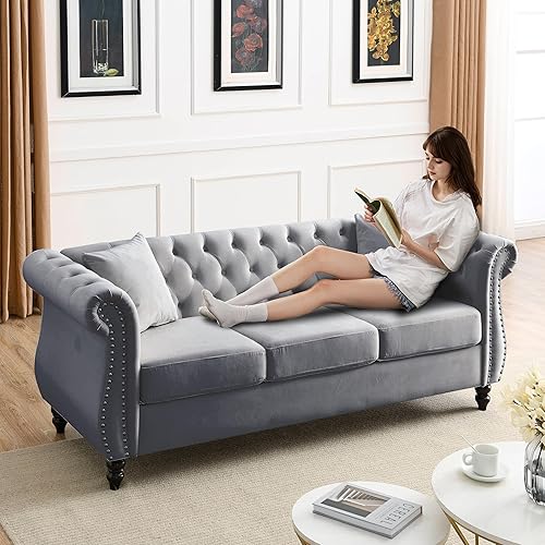 Miniatura 8 de Juego de 2 sofás de terciopelo gris moderno de 80 pulgadas, 3 plazas y 59 pulgadas, Chesterfield combinado copetudo con 4 almohadas, brazos