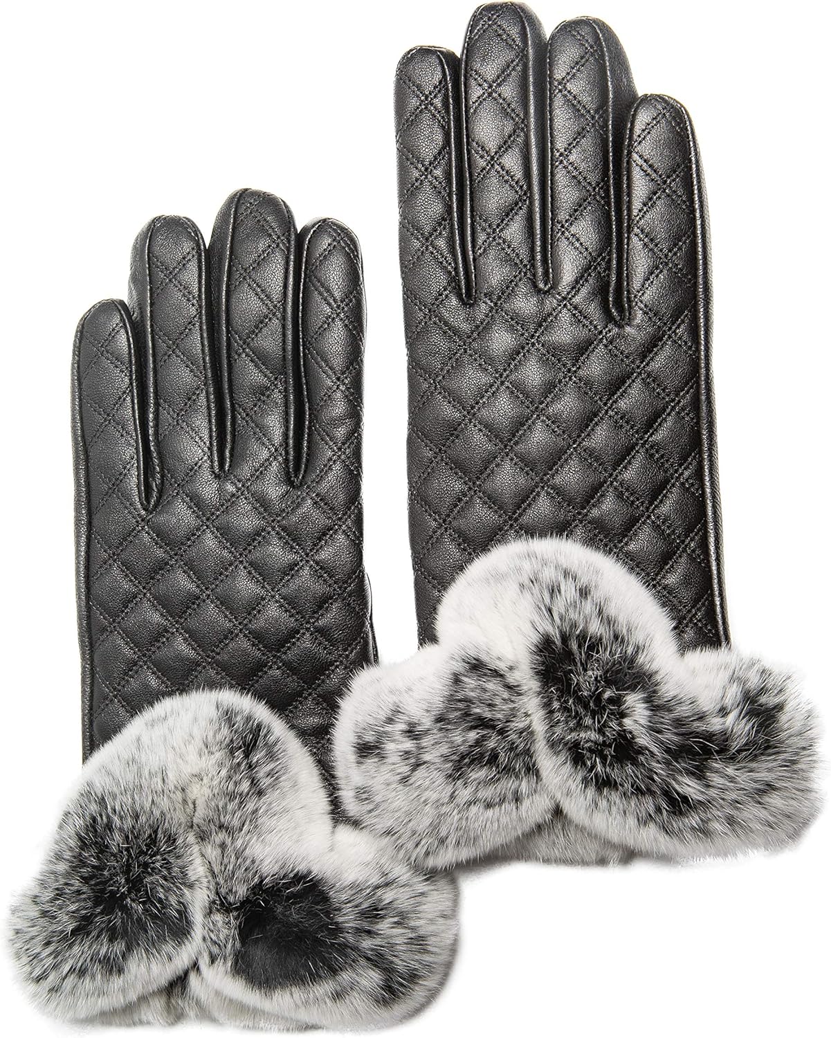 Women's Cashmere Lined Sheepskin Leather Gloves, Touchscreen, Genuine Rex Rabbit Fur Cuff, Gift Box