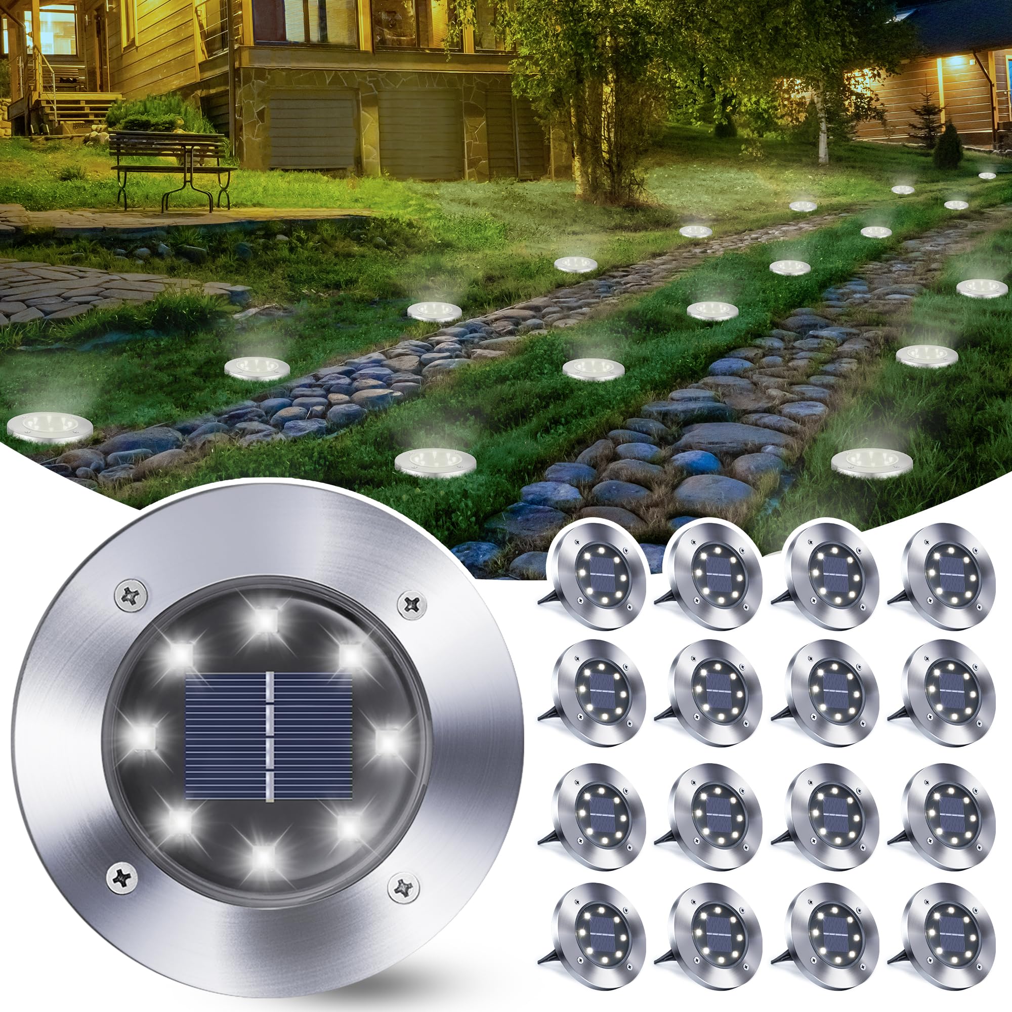 Qedertek 16 Pezzi Luci Solari Giardino Esterno, 8 LEDs Faretti led Luce Sepolta Bianco Lampada IP65 Impermeabile Luci Terra per Prato Vialetto Scala Paesaggio
