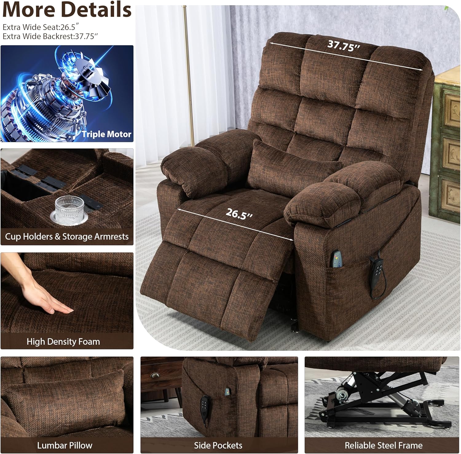 JIKFRIMA Oversized Zero Gravity Power Lift Recliner Chair for Elderly Adults Big Man Electric Lay Flat Recliner Triple Motor with Heat and Massage, Adjustable Seat Height, Arm Storage, Cup Holder
