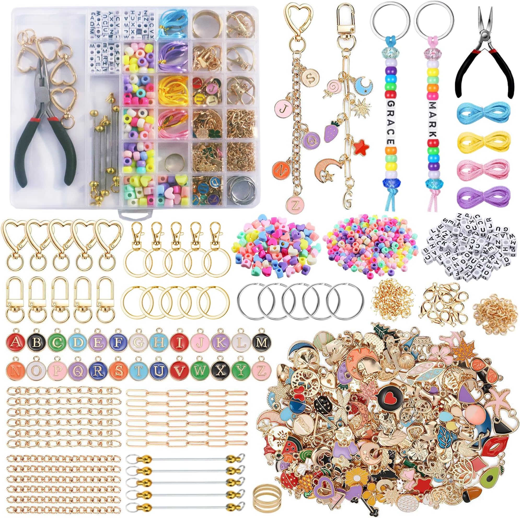 HINITOYOU 596Pcs Keychain Making Kit DIY Bead Keychain Kit Adjustable Letter Beads String Including 20 Keychain Clips Jump Rings, Charms, Chains & Tools for DIY Crafts Women Art Bag Gift