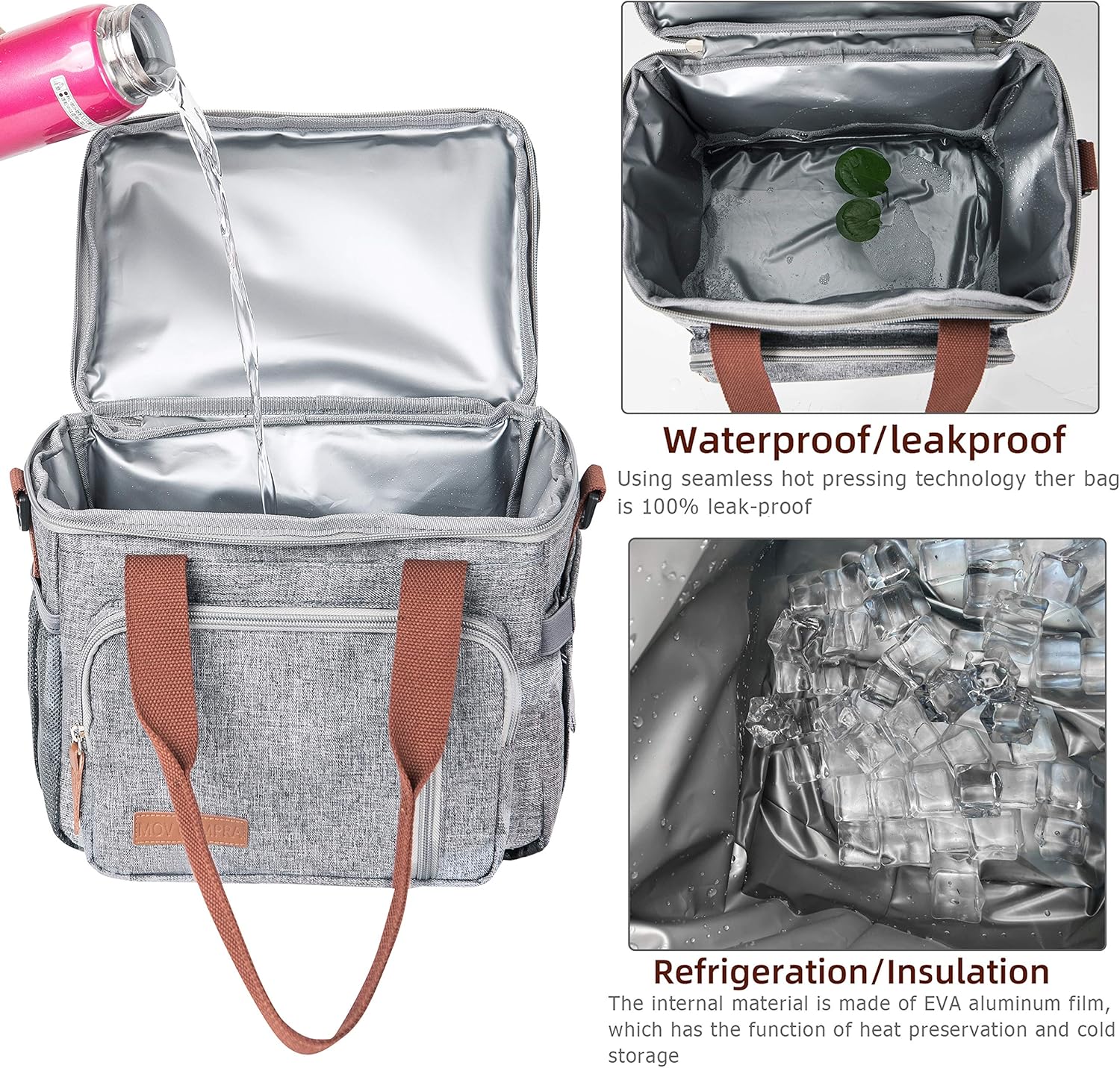 MOV COMPRA Adult Lunch Box for Work, Expandable Large Lunch Bags for Women Men, Leakproof Double Deck Lunch Box Cooler Tote Bag with Removable Shoulder Strap (Grey)