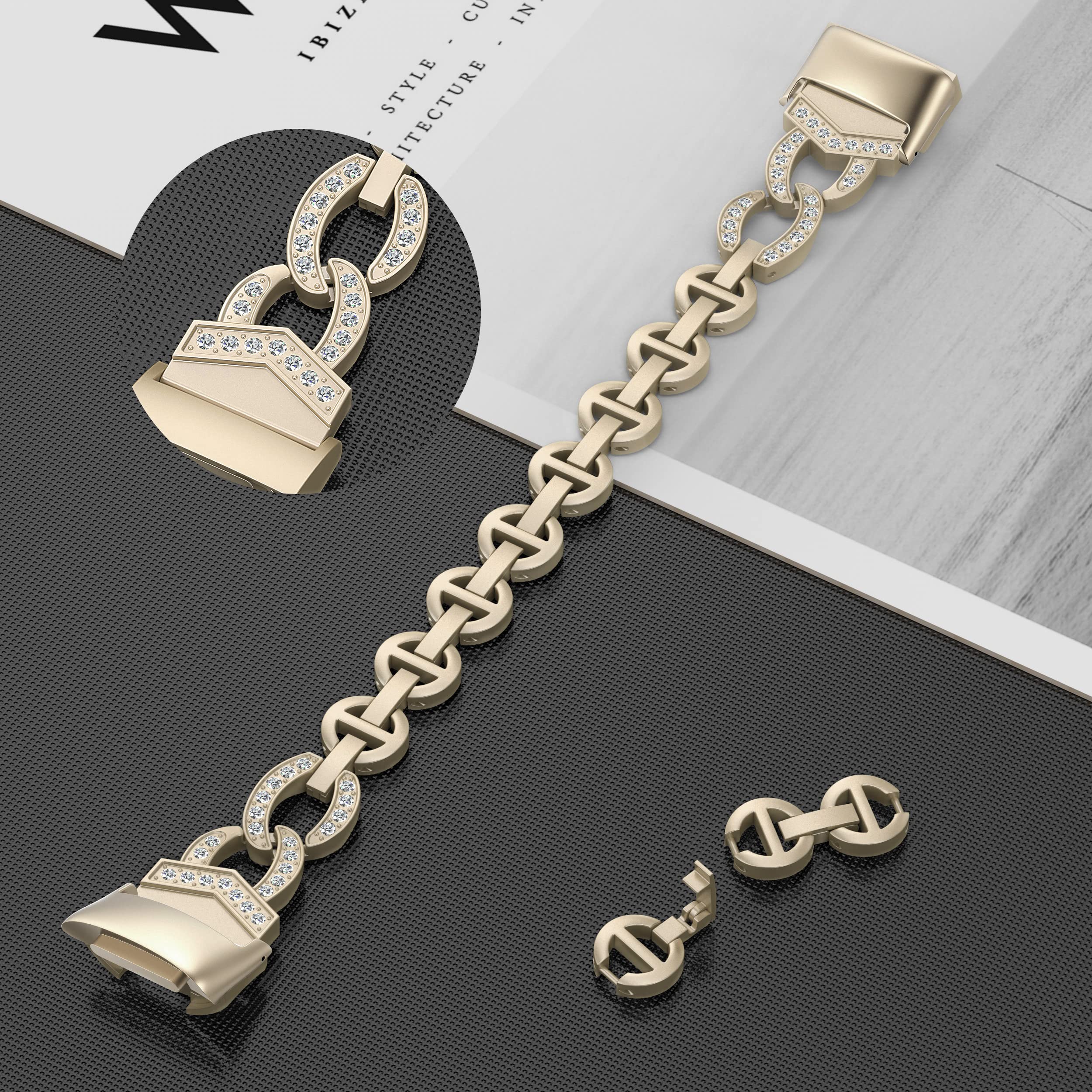 Wearlizer Compatible with Fitbit Charge 5 Bands, Adjustable Premium Metal Straps Bling Bracelet Dressy Wristbands Cute Accessories Replacement Bands for Fitbit Charge 5 Bands for Women, Soft Gold