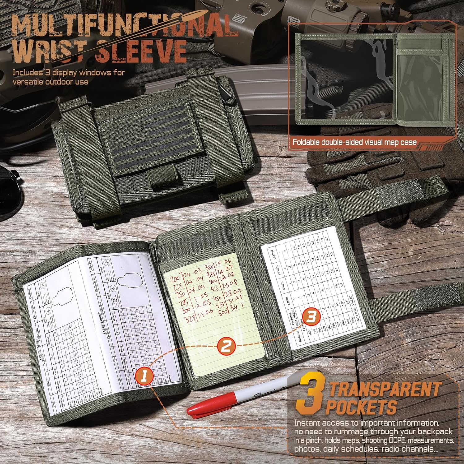 LIVANS Map Case Tactical Arm Sleeve QB Wristband Map Pouch Tactical Armband Sleeve Military Arm Wrist Pouch Document DOPE Card Holder for Shooting Rescue Field Measurement, Include Flag Patch