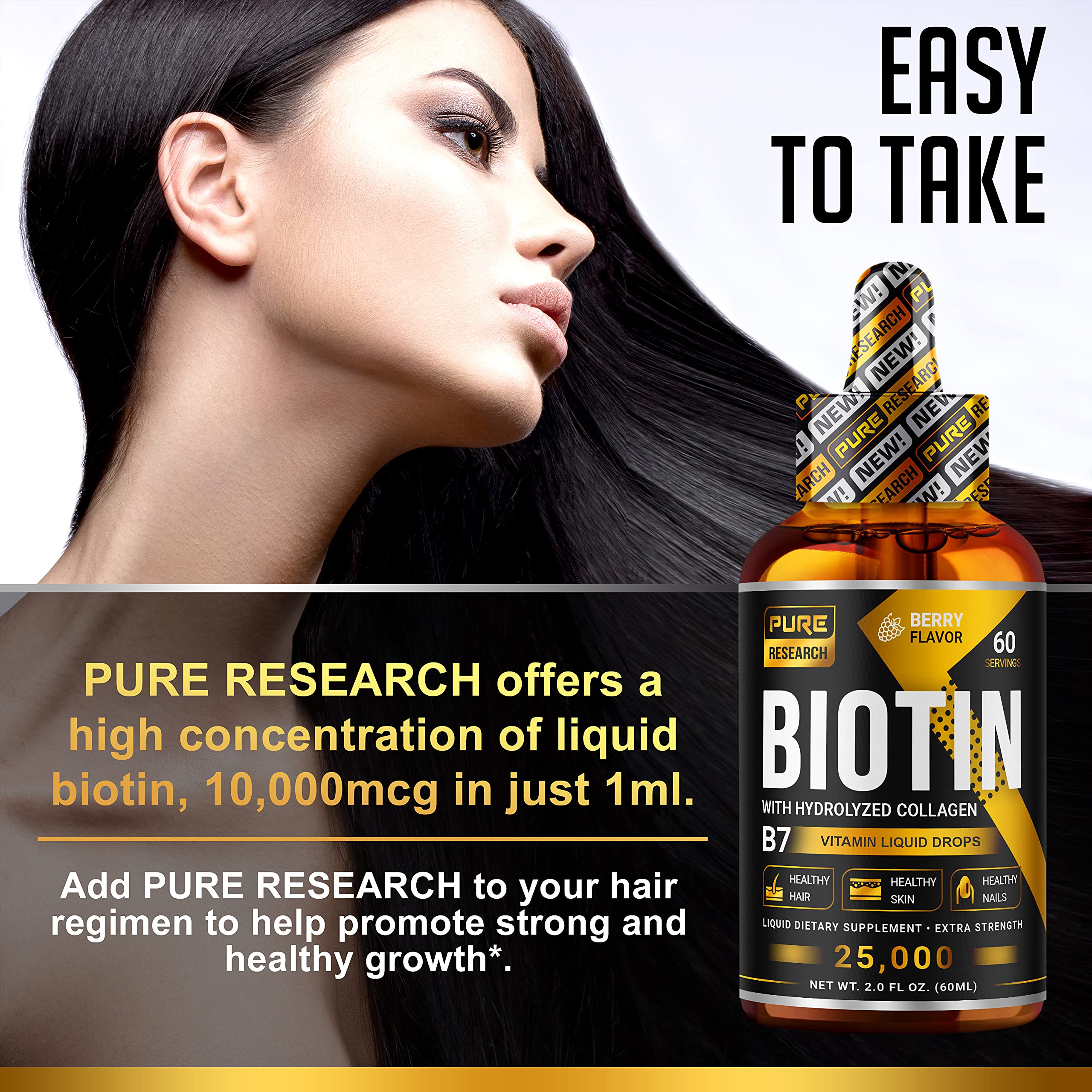 Biotin & Collagen 50,000mcg Hair Growth Liquid Drops, Supports Strong Nails, Glowing Skin