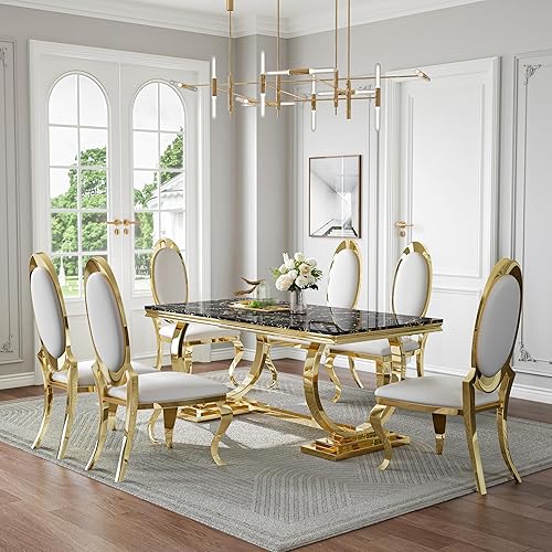 Miniatura 50 de Juego de mesa de comedor de mármol sintético de 70 pulgadas para 6, mesa de cocina grande y sillas de cuero sintético blanco, mesas de comedor Plata