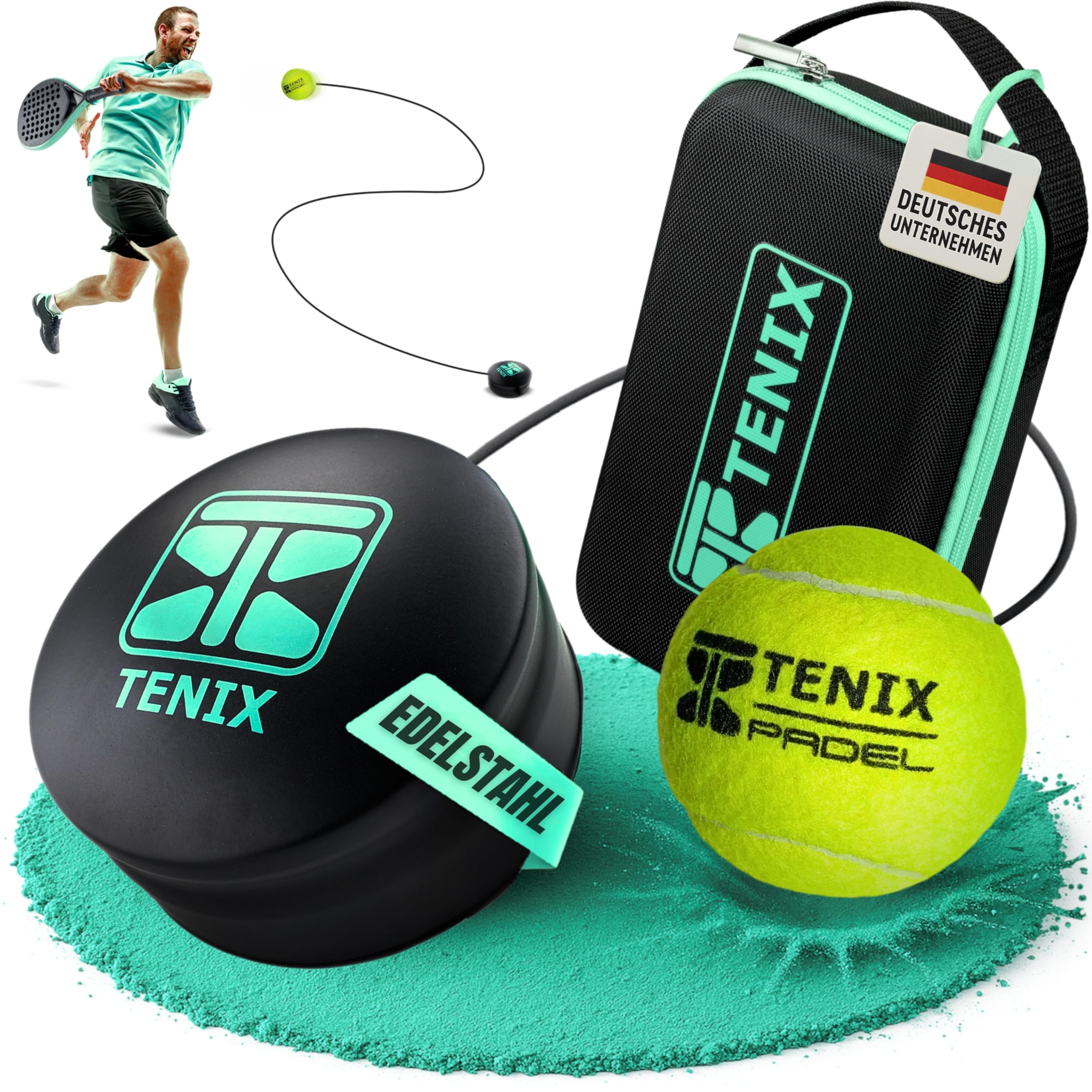 TENIX® Padel-Trainer Set mit Edelstahl-Basis [Keine Wasserfüllung nötig] Trainieren im Hof, im Park, auf dem Padelplatz | Hervorragendes Padel-Tennis Geschenk!