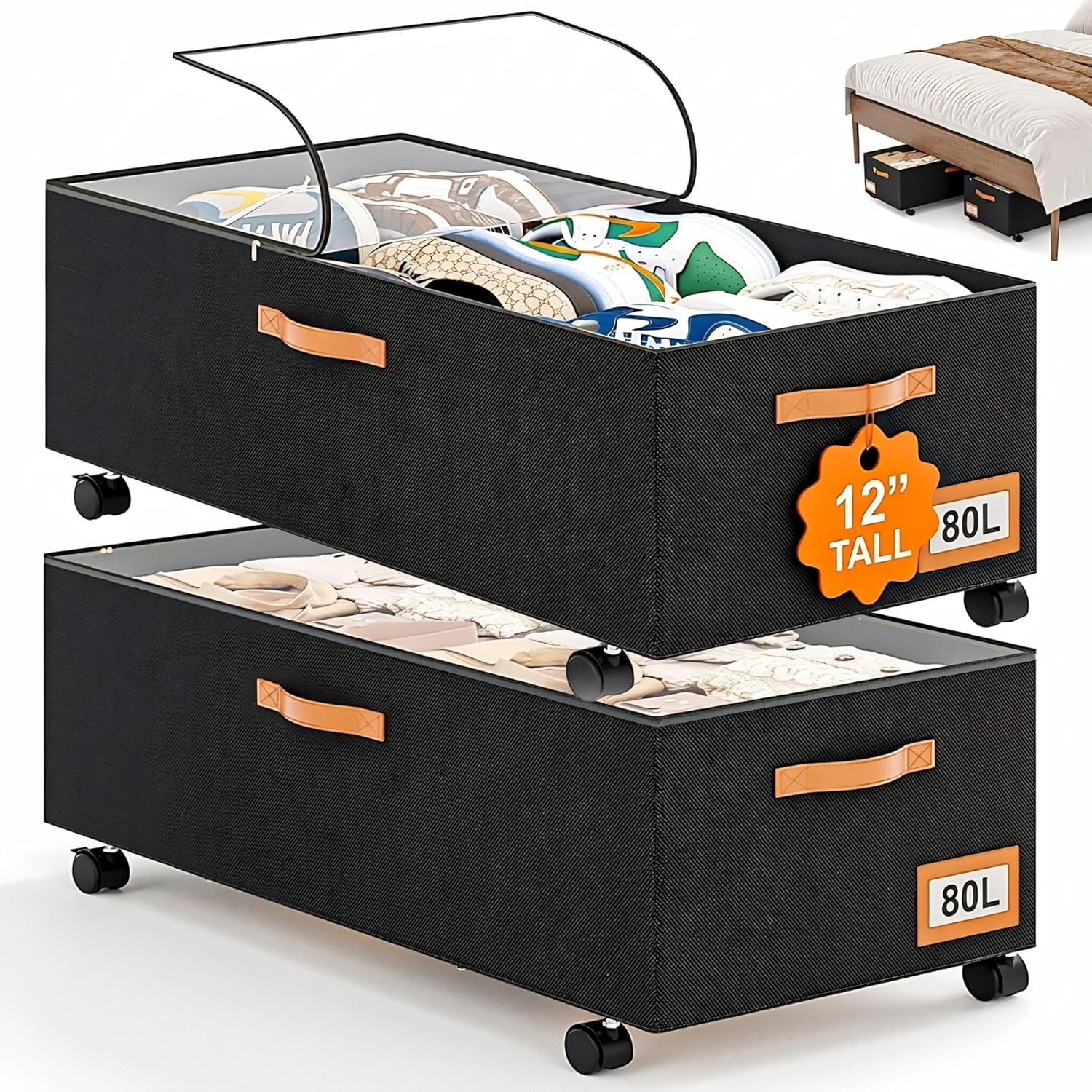 Under Bed Storage with Wheels, 12" Height Under Bed Storage Extra Deep Under Bed Storage Containers, Perfect for 14'' Bed Frame, No Assemble Metal Rolling Underbed Storage for Clothes Shoes Blankets