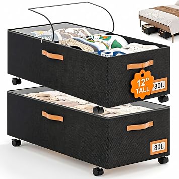 Under Bed Storage with Wheels, 12" Height Under Bed Storage Extra Deep Under Bed Storage Containers, Perfect for 14 Bed Frame, No Assemble Metal Rolling Underbed Storage for Clothes Shoes Blankets