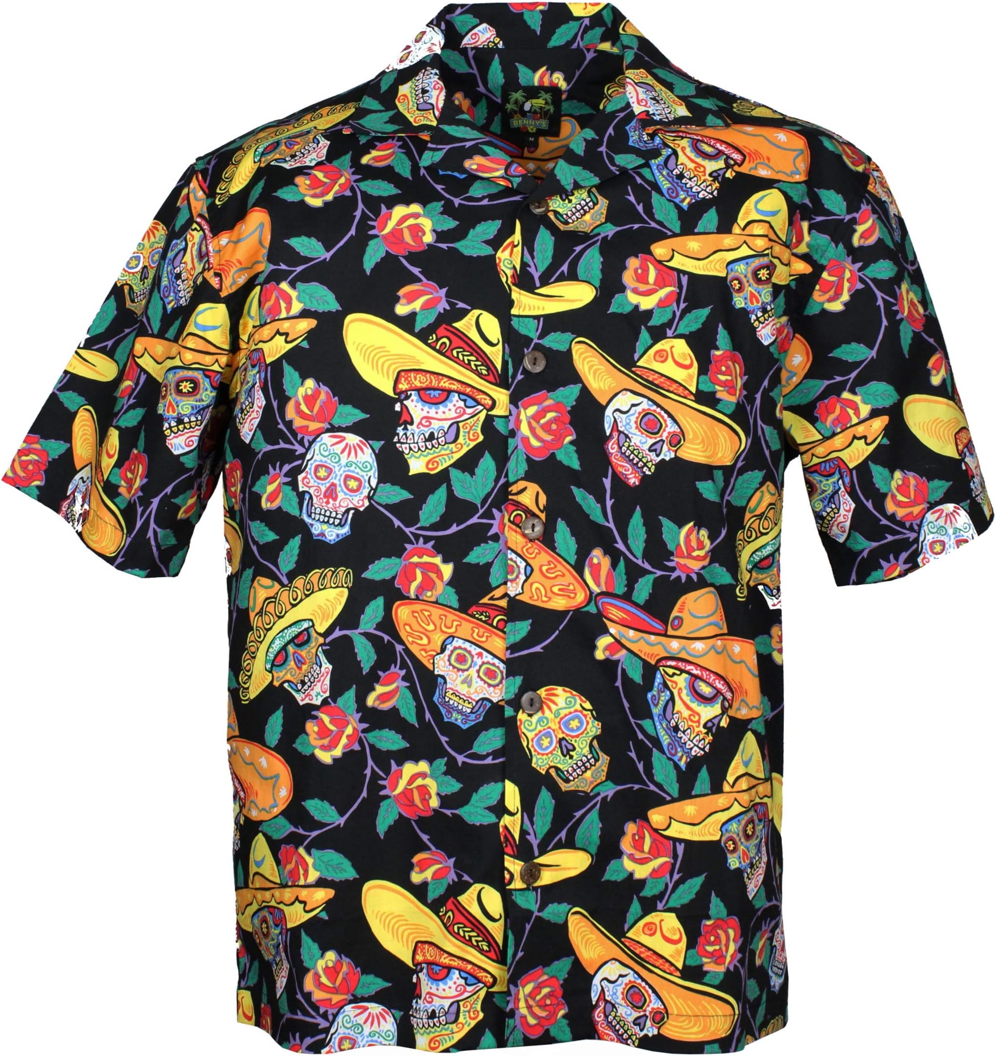 Benny'sMens Sugar Skulls Day of The Dead Hawaiian Camp Shirt
