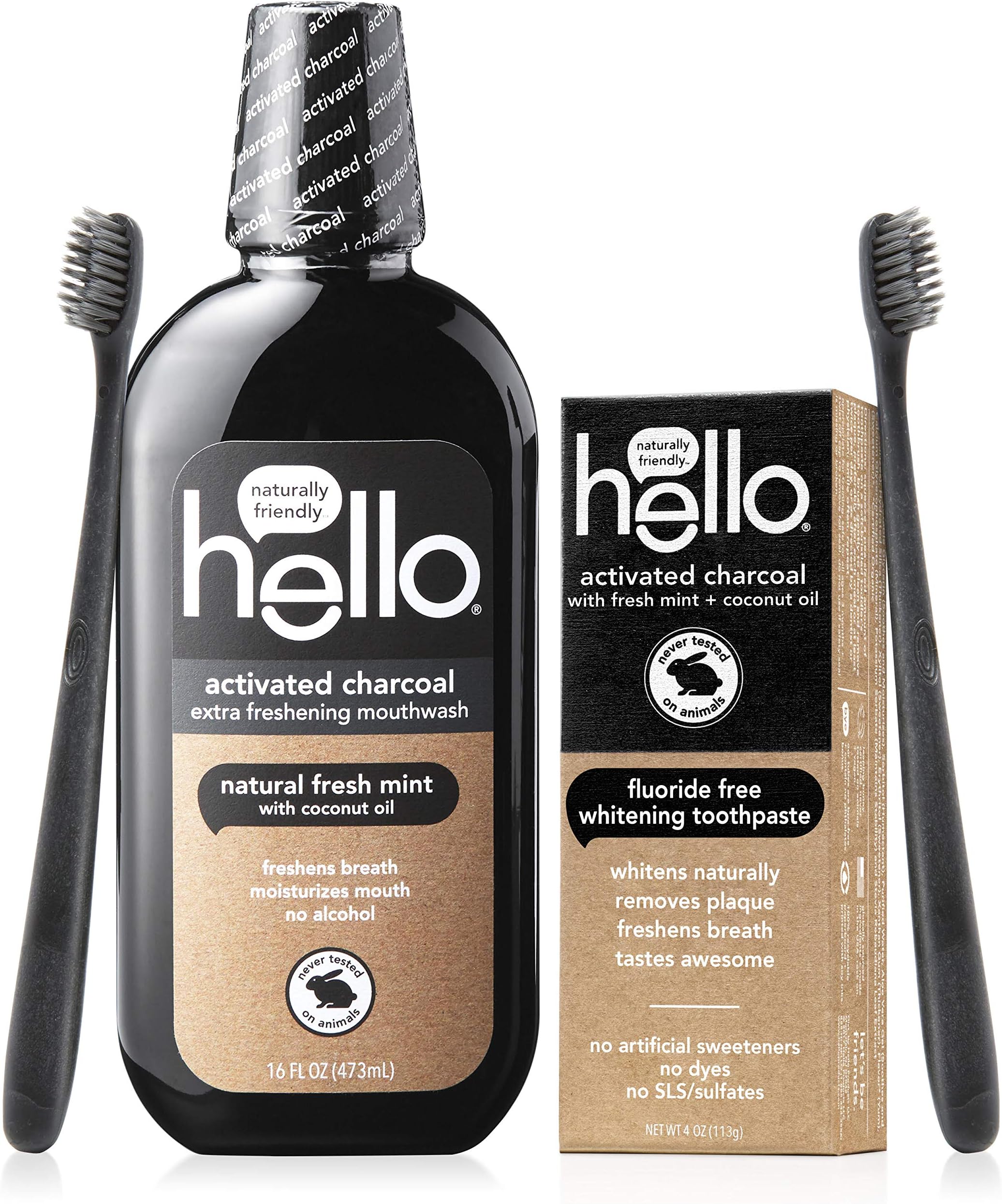Hello Activated Charcoal Starter Kit - Fluoride Free & SLS Free Whitening Toothpaste, Extra Freshening Mouthwash, & 2 Charcoal Bristle BPA-Free Toothbrushes