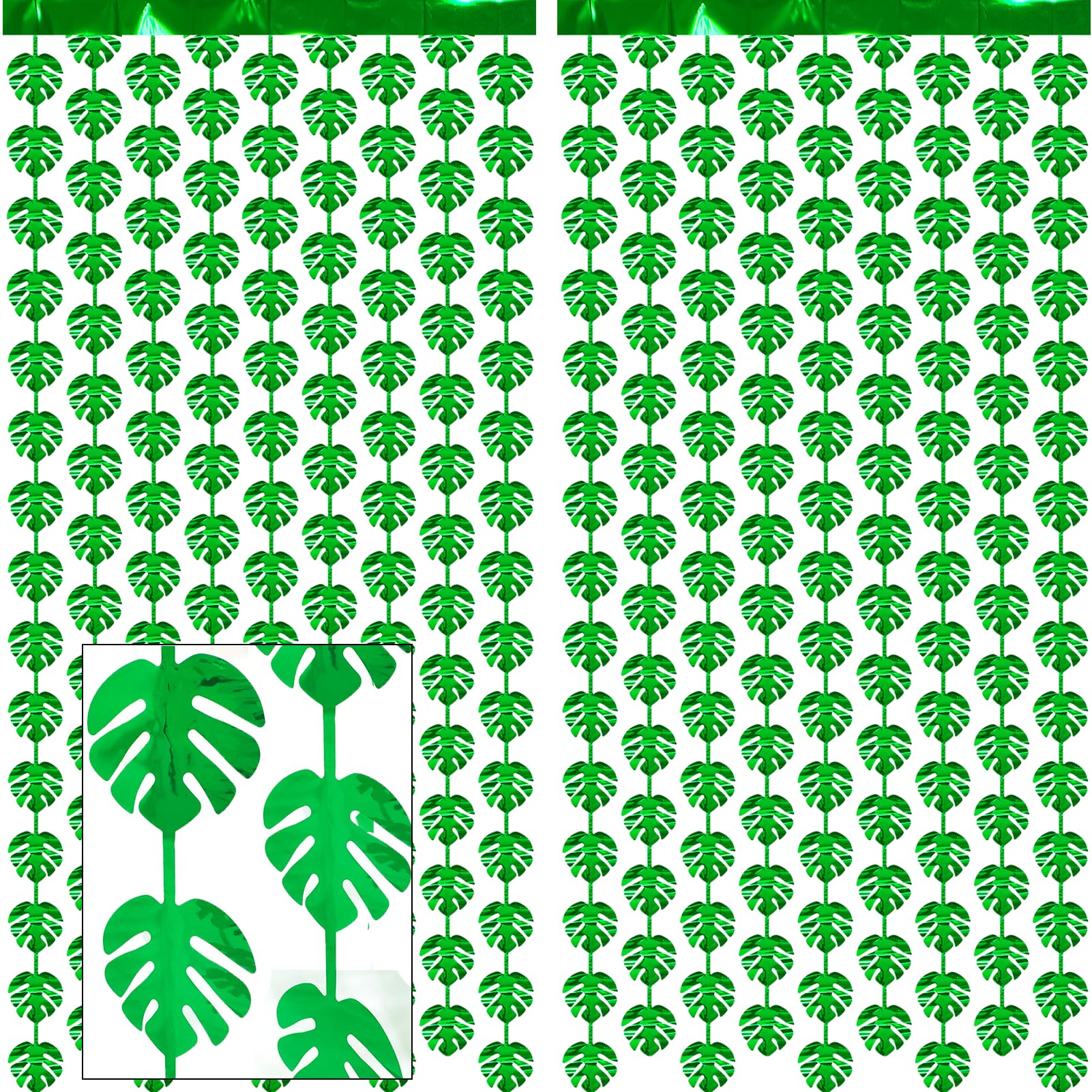 2 Packs Jungle Leaf Foil Fringe Curtain, Green Glitter Tropical Palm Leaves Metallic Tinsel Backdrop for Safari Birthday, Baby Shower, Hawaiian Aloha