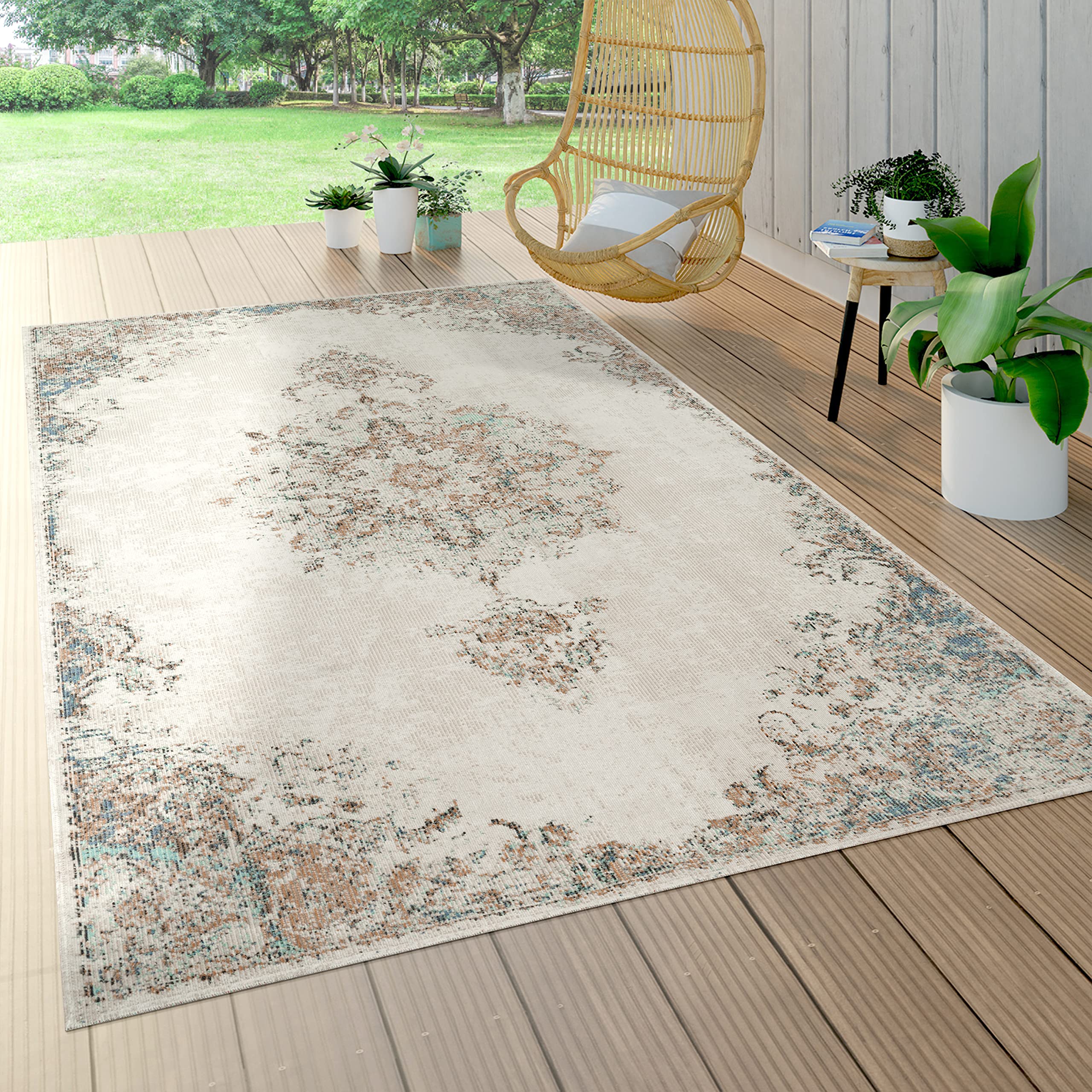 Paco Home Alfombra Salon De Habitacion Cocina Exterior Terraza Jardin Vintage Motivo Oriental Moderna Beige Crema, tamaño:200x280 cm