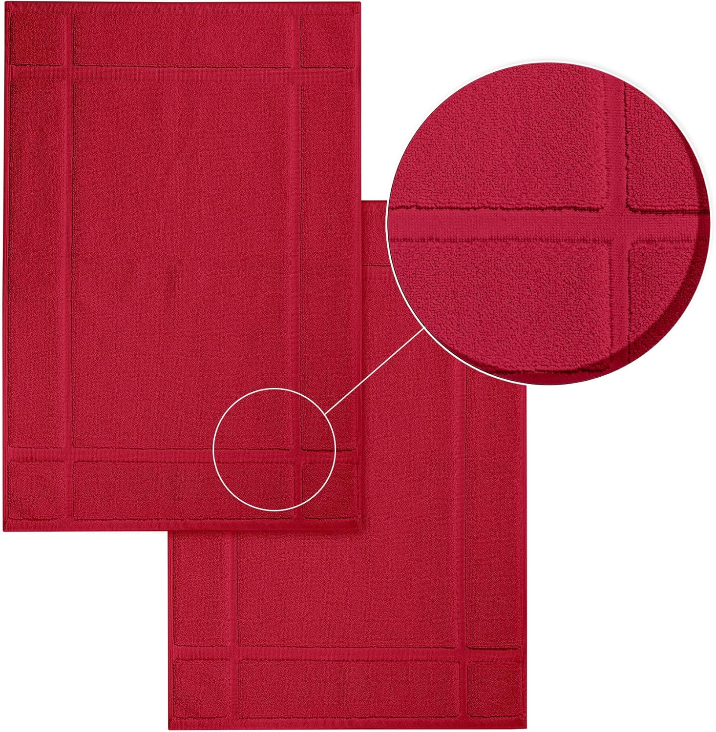 Ample Decor 100% Cotton Bath Mats 34 x 20 Inches, Quick Dry, 1350 GSM Banded Border Shower Bathroom Floor Mat, Not Bathroom Rug - Red, 2 Pack