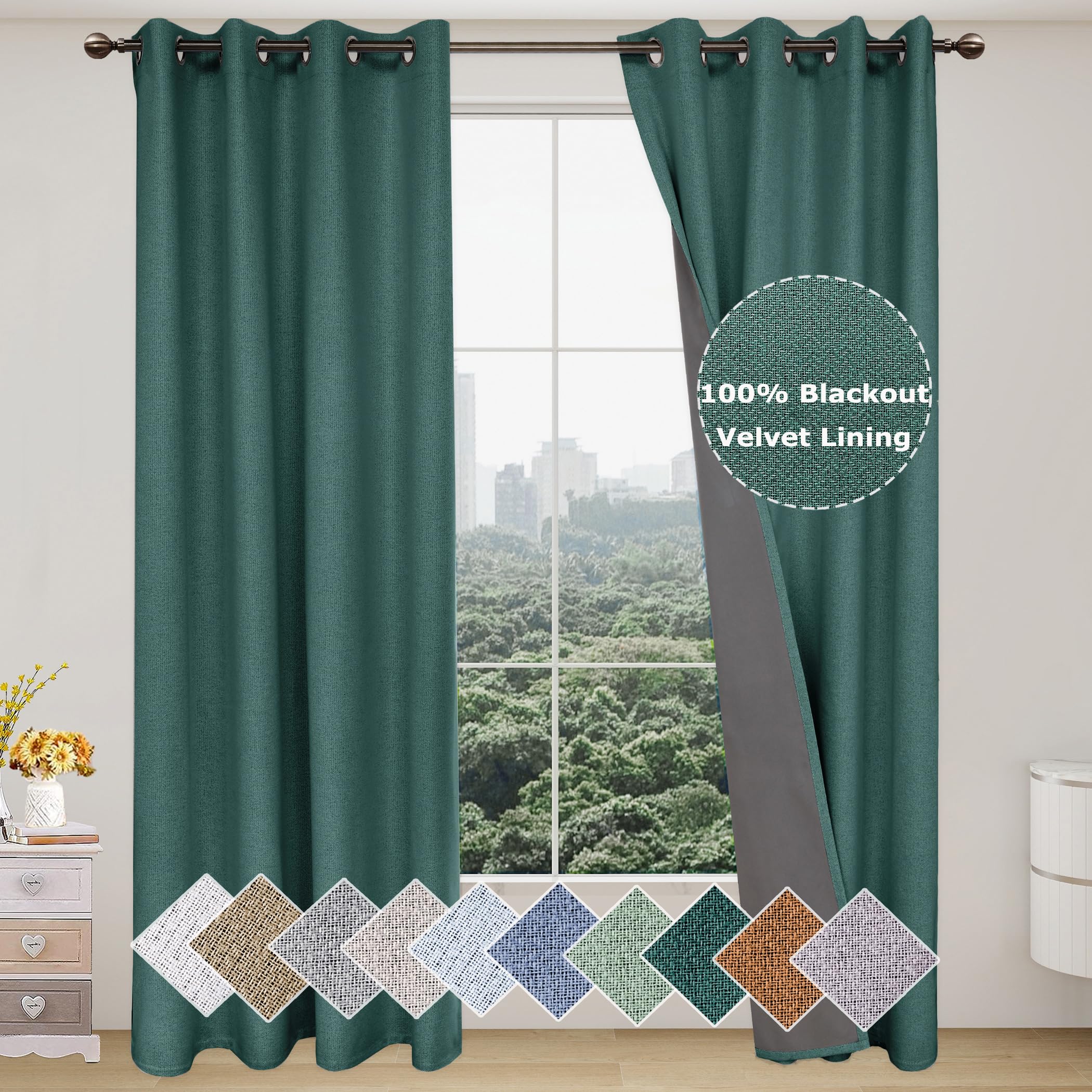 Photo 1 of Textured Linen Curtains 100% Blackout Curtains Soundproof Window Curtain Drapes with 3 Layer Grey Liner Anti-Rust Grommet Curtains for Bedroom Living Room, 2 Panels 52×95 in, Dark Green Dark Green 52''W×95''L